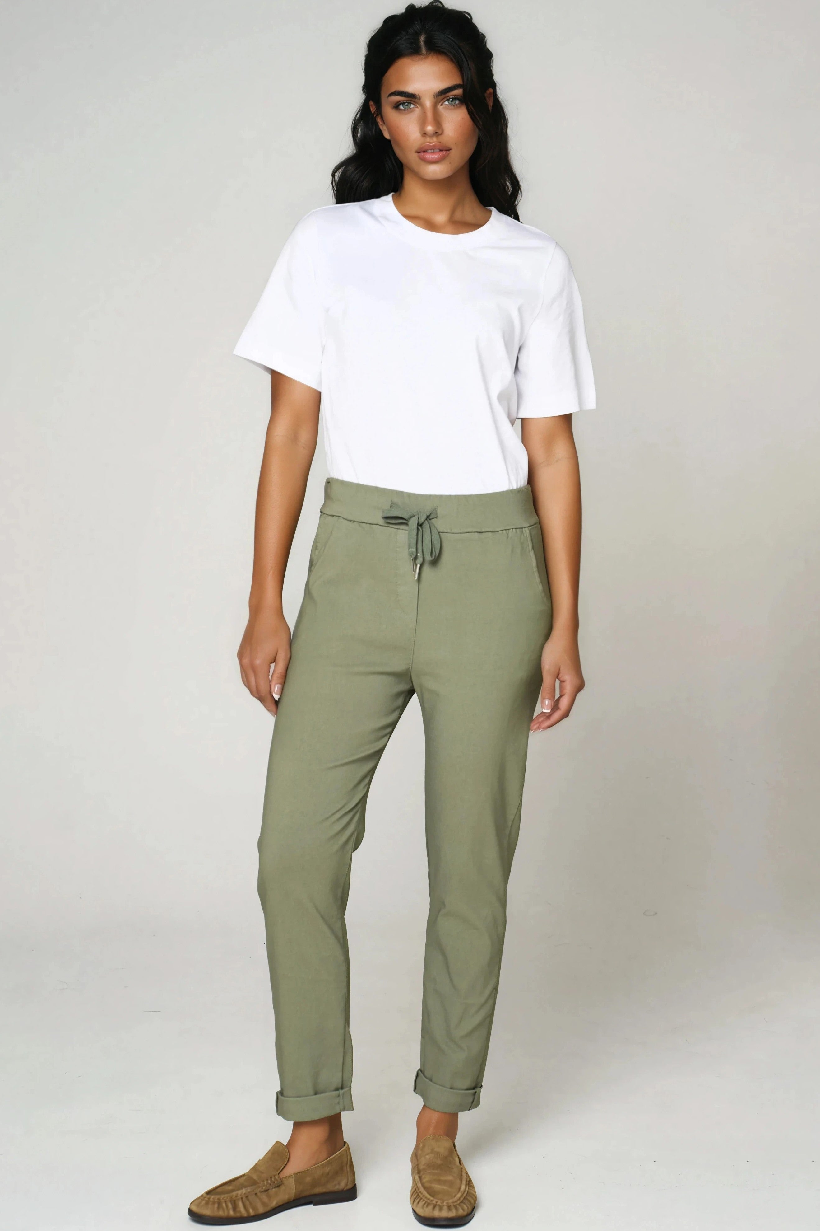 Khaki Stretch Drawstring Trousers-0