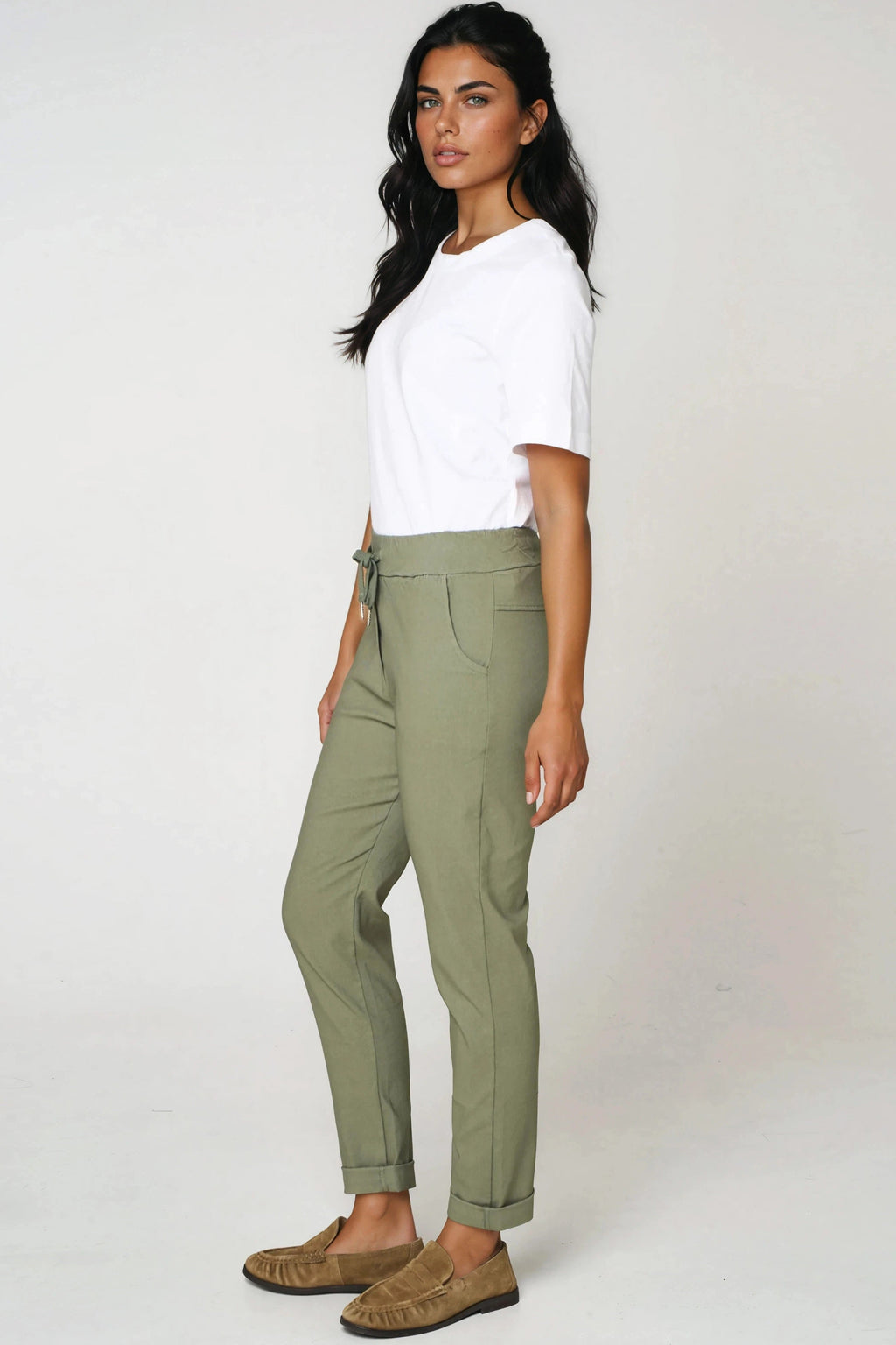 Khaki Stretch Drawstring Trousers-1
