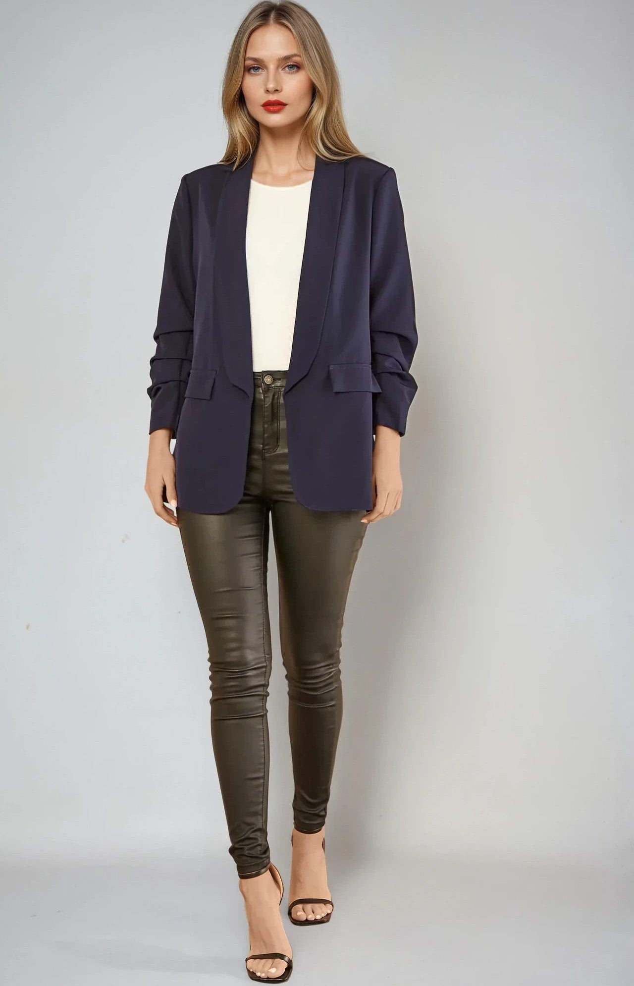 Navy Blazer with Ruched Sleeves-3