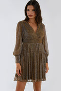Gold Metallic V-Neck Mini Dress-0