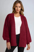 Wine Wool Blend Balloon Sleeve Knitted Cardigan-0