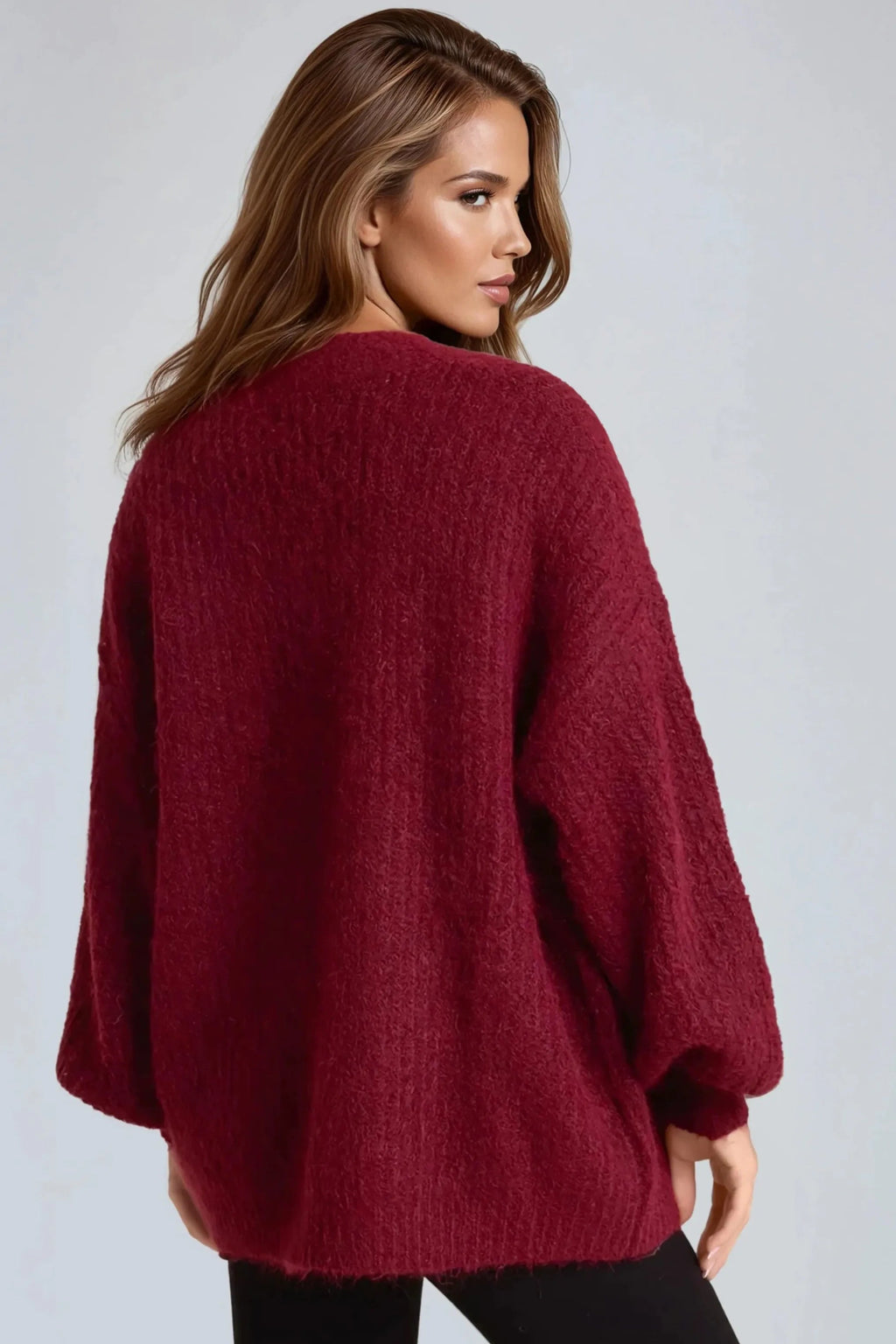 Wine Wool Blend Balloon Sleeve Knitted Cardigan-2