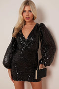 Black Sequin V-Neck Long Sleeve Bodycon Dress-0