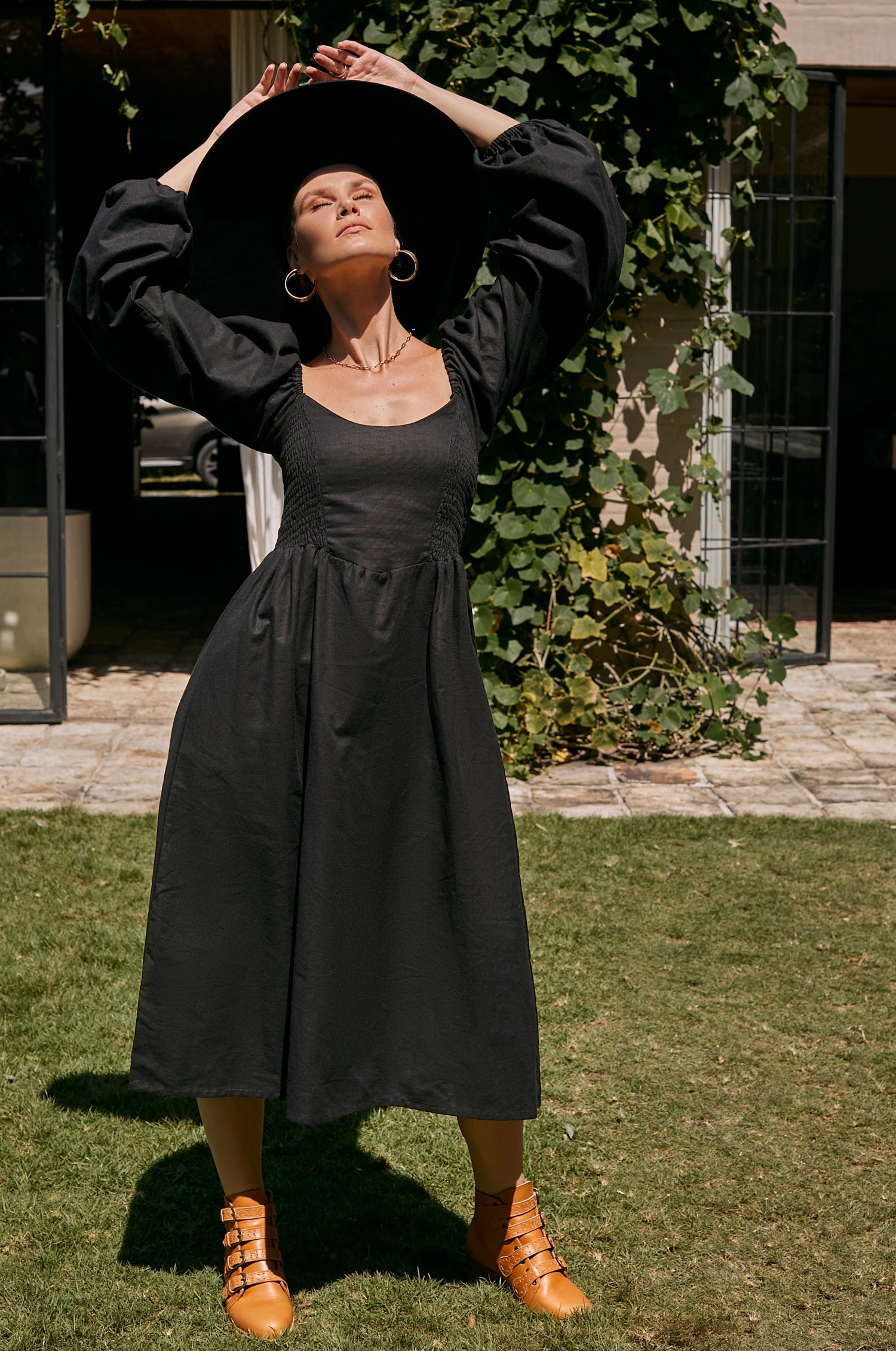Alila Smocked Linen Midi Dress-2