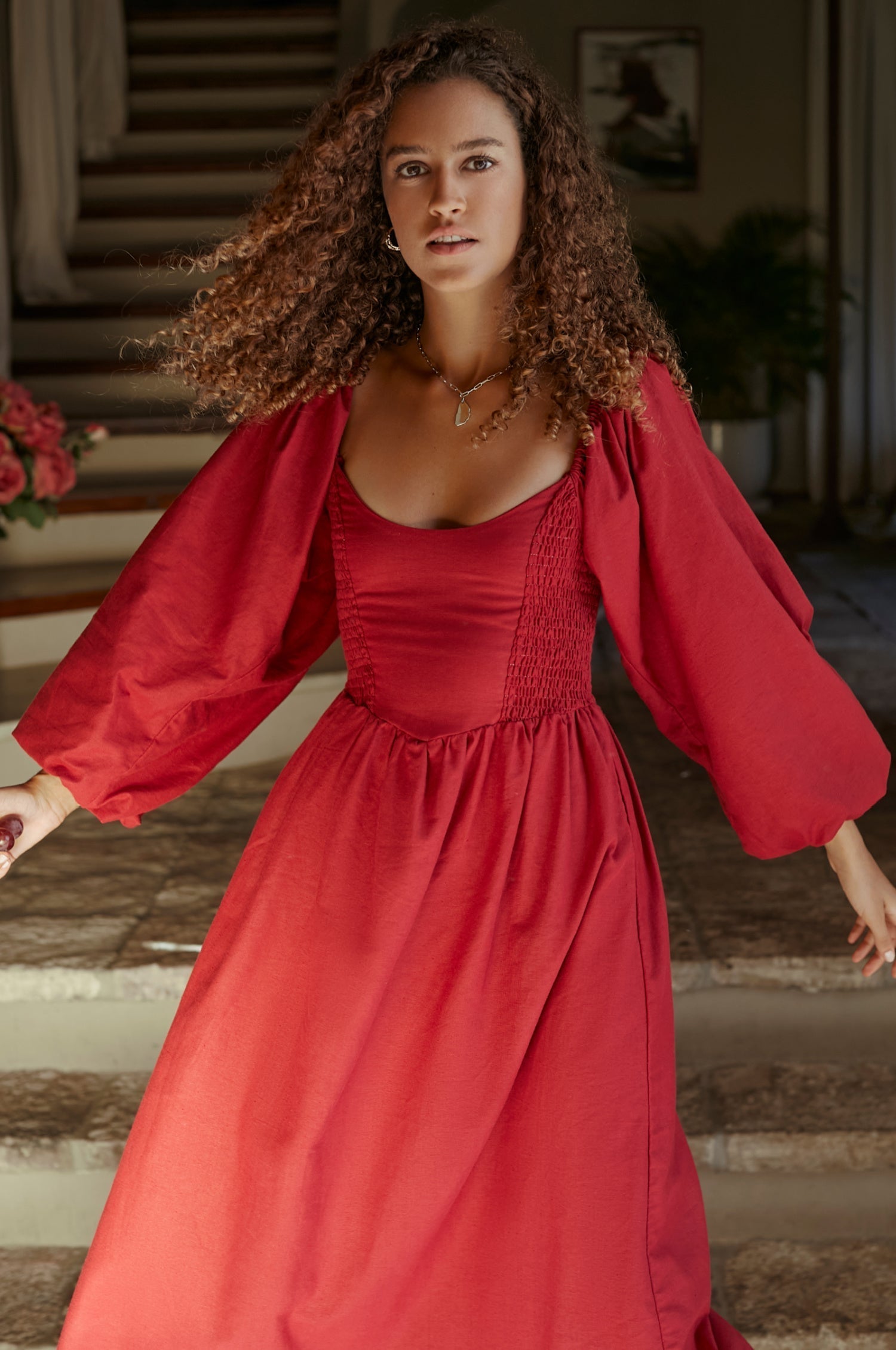 Alila Smocked Linen Midi Dress-3