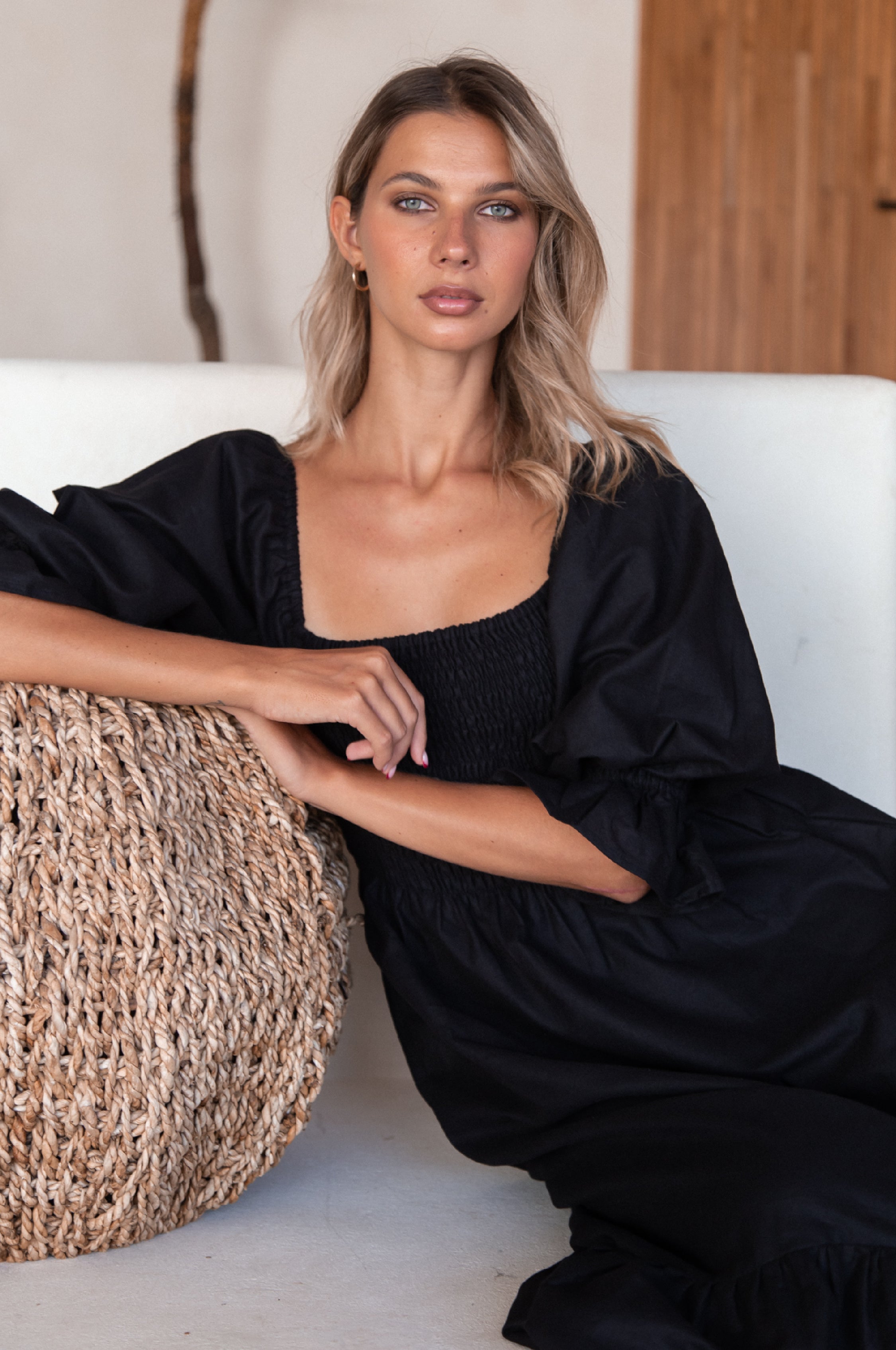 Almeria Smocked Midi Linen Dress-3