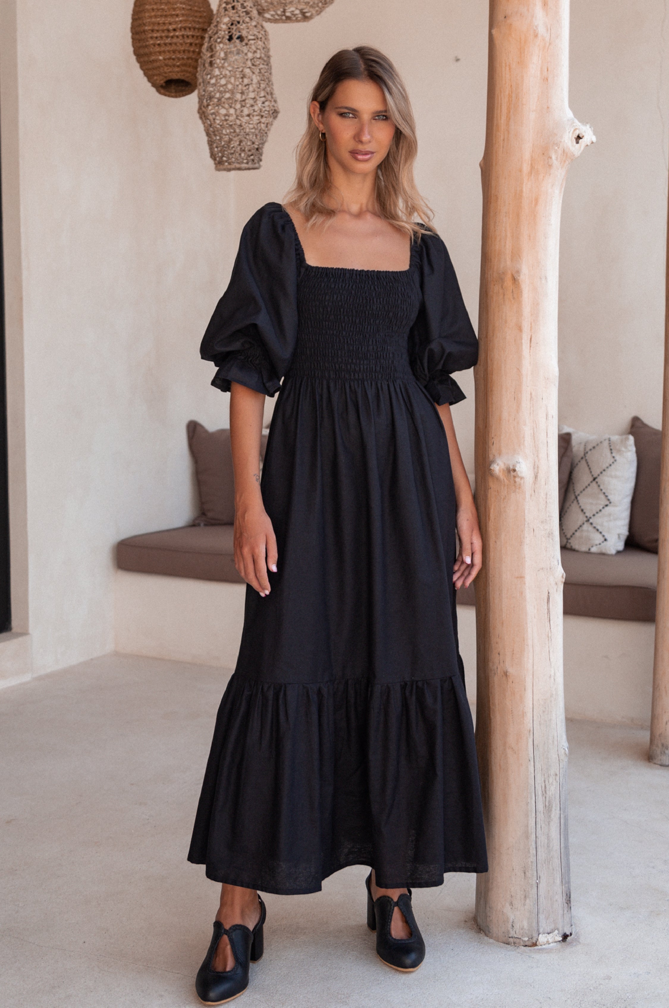 Almeria Smocked Midi Linen Dress-7