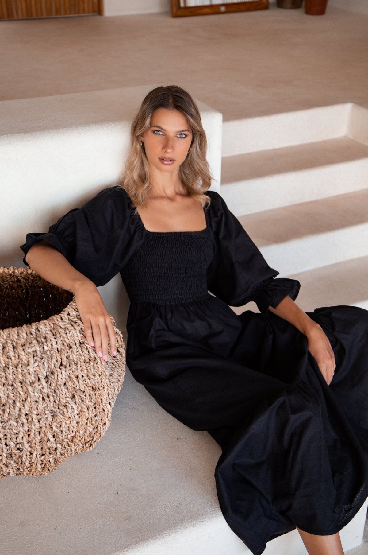 Almeria Smocked Midi Linen Dress-2