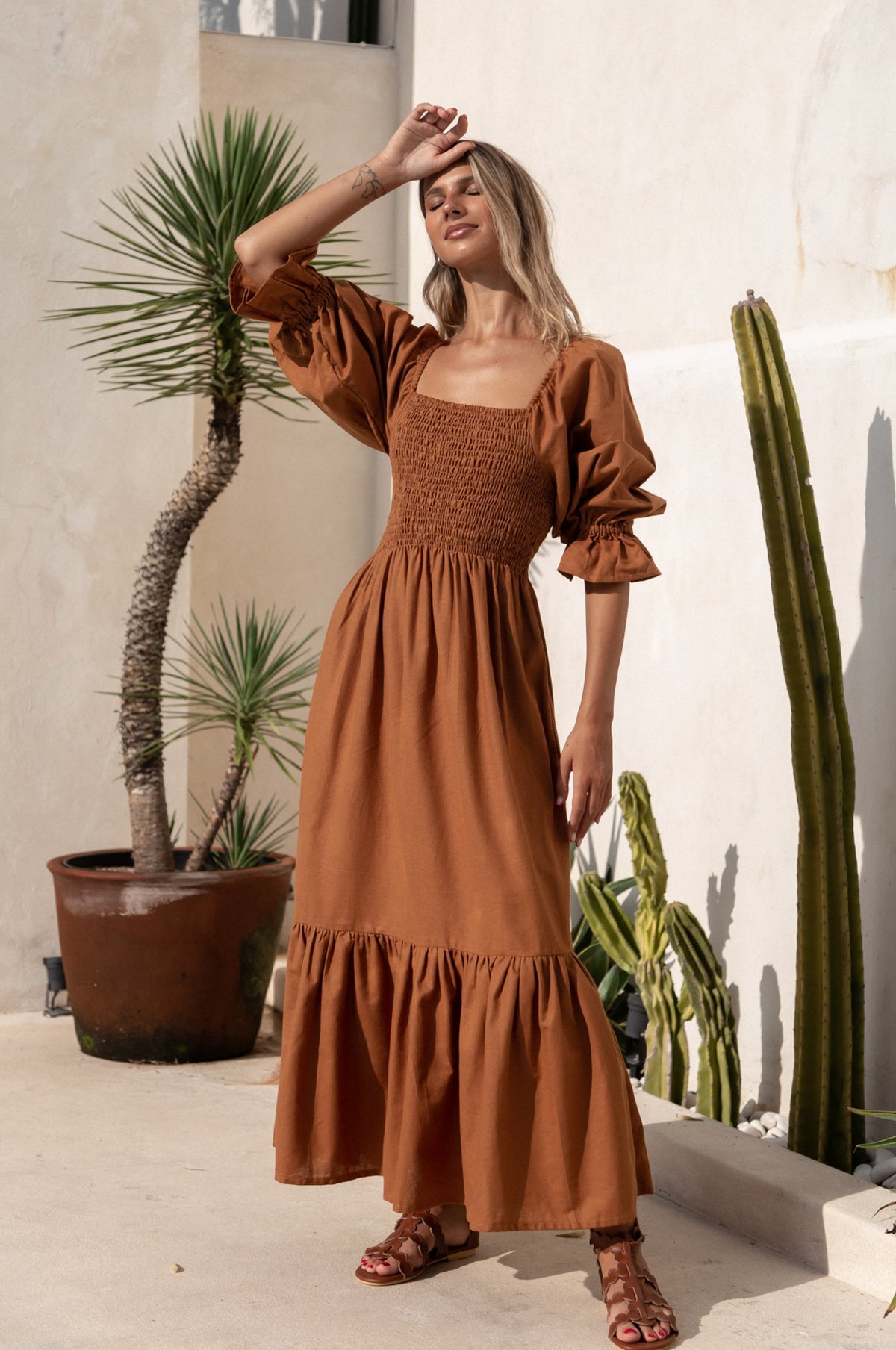Almeria Smocked Midi Linen Dress-0