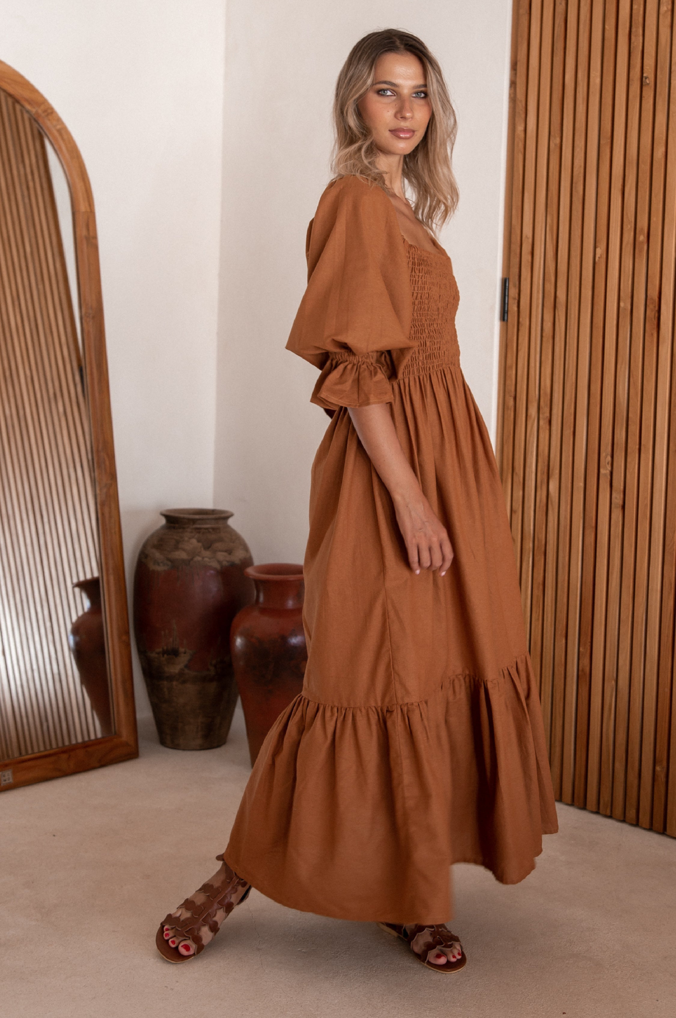Almeria Smocked Midi Linen Dress-2