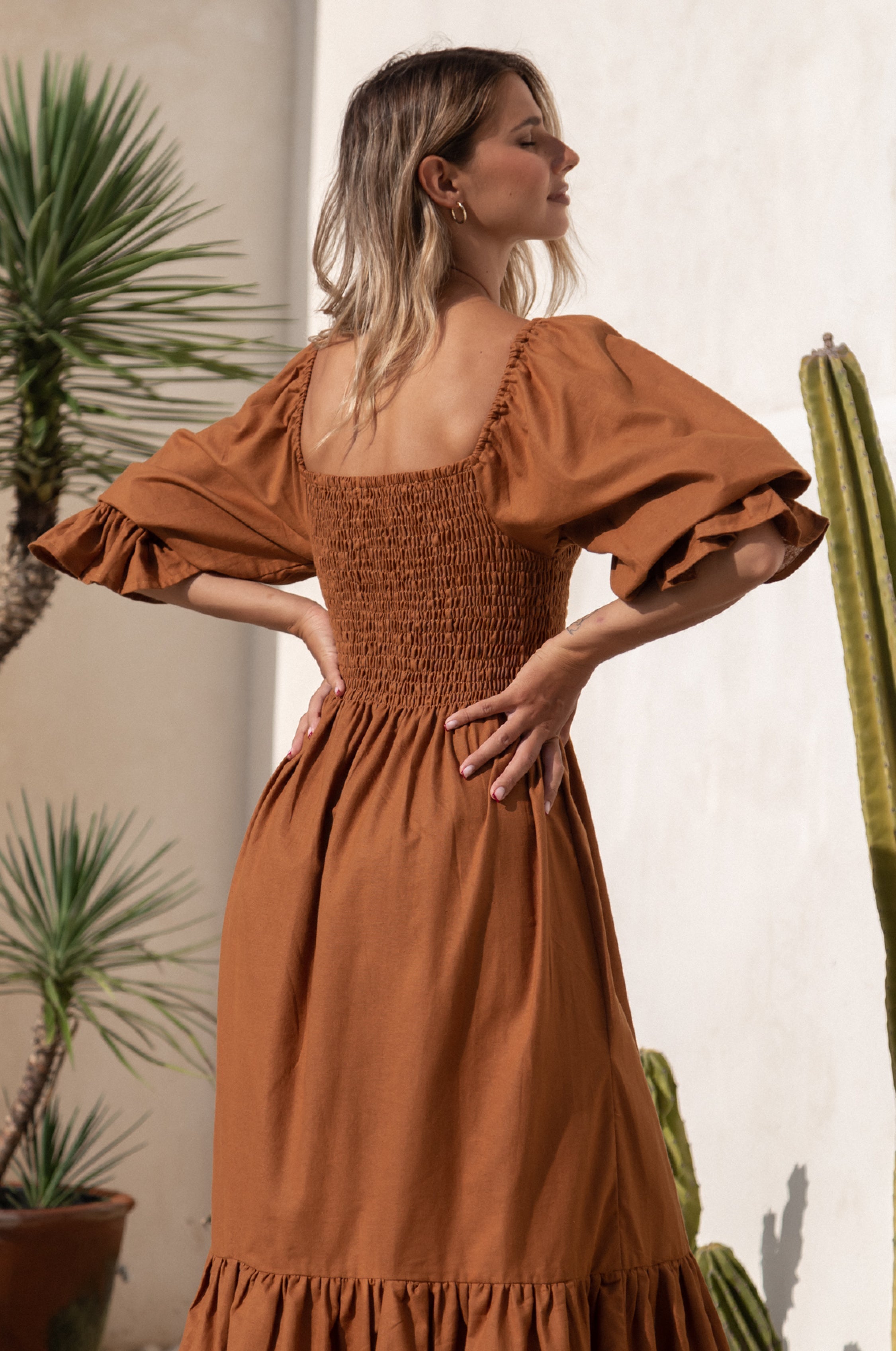 Almeria Smocked Midi Linen Dress-4