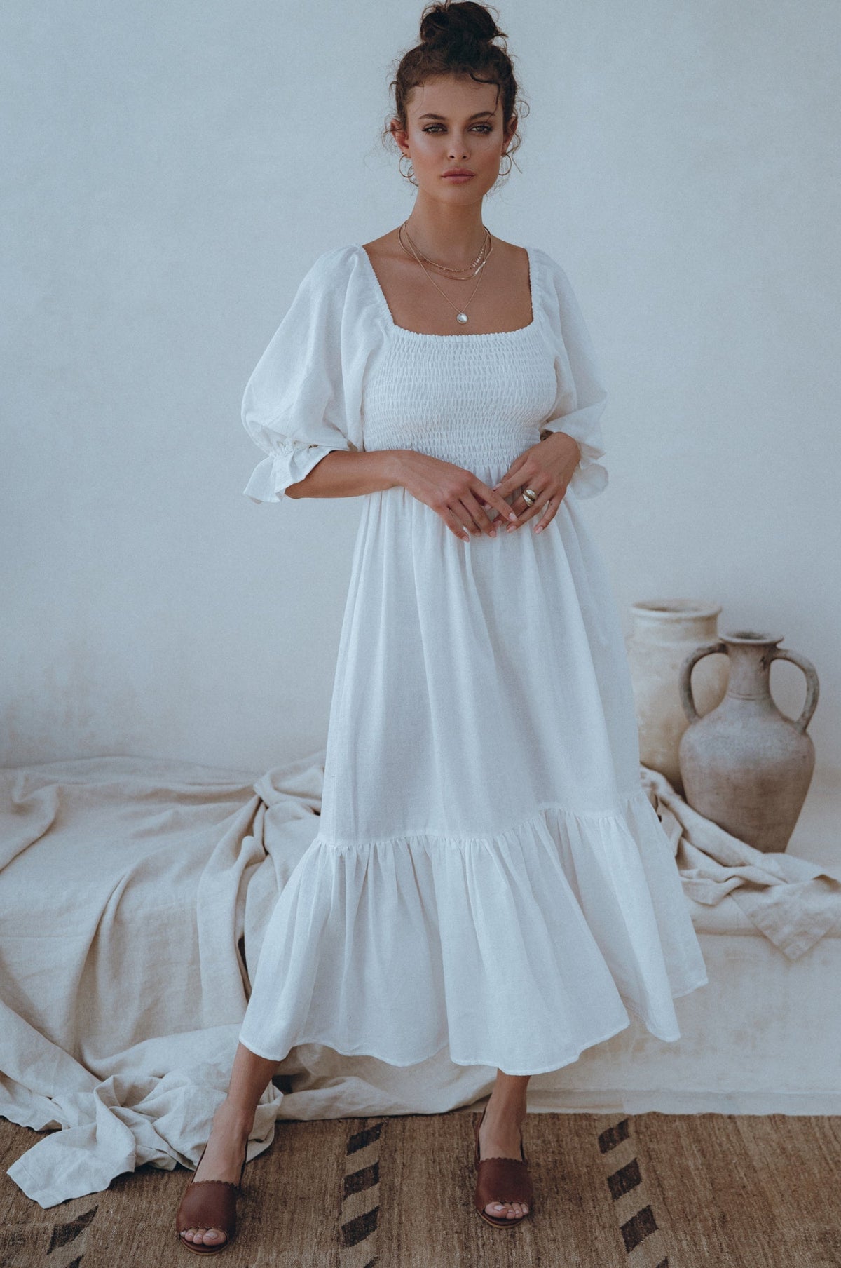 Almeria Smocked Midi Linen Dress-6