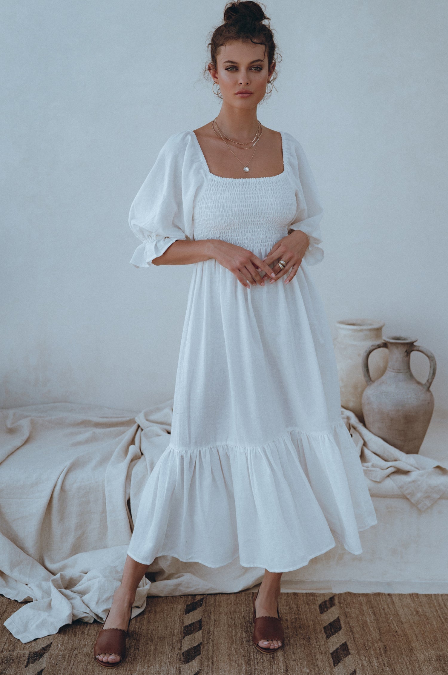 Almeria Smocked Midi Linen Dress-6