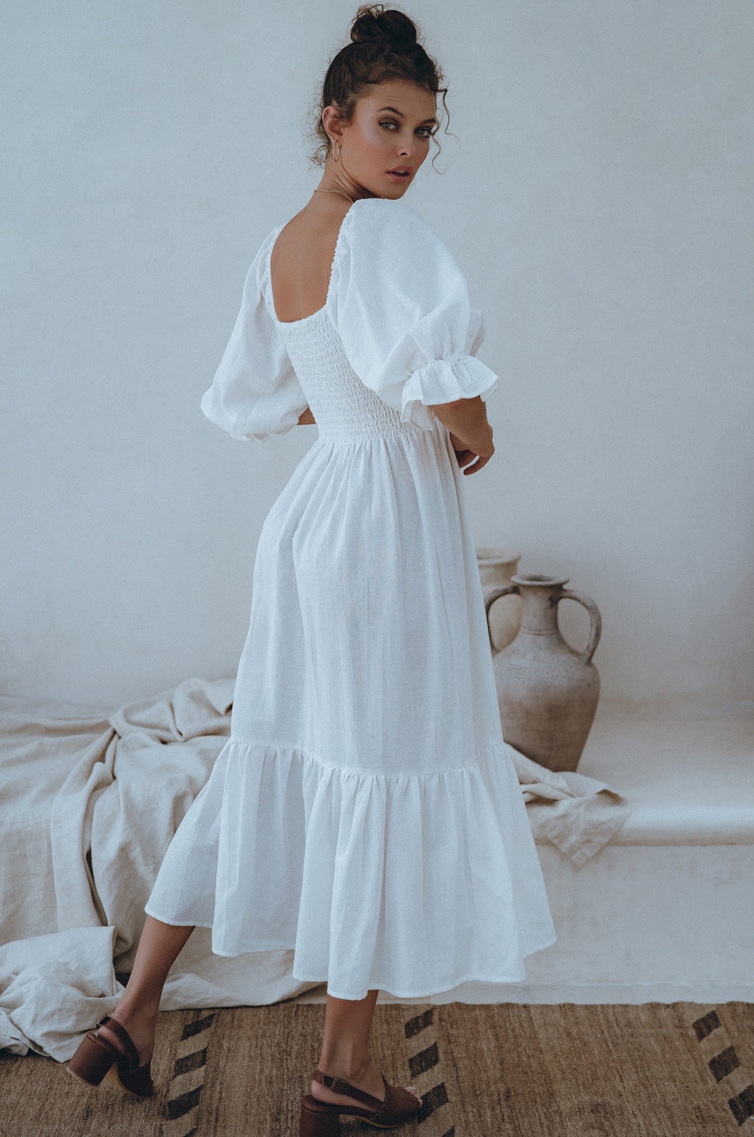 Almeria Smocked Midi Linen Dress-2