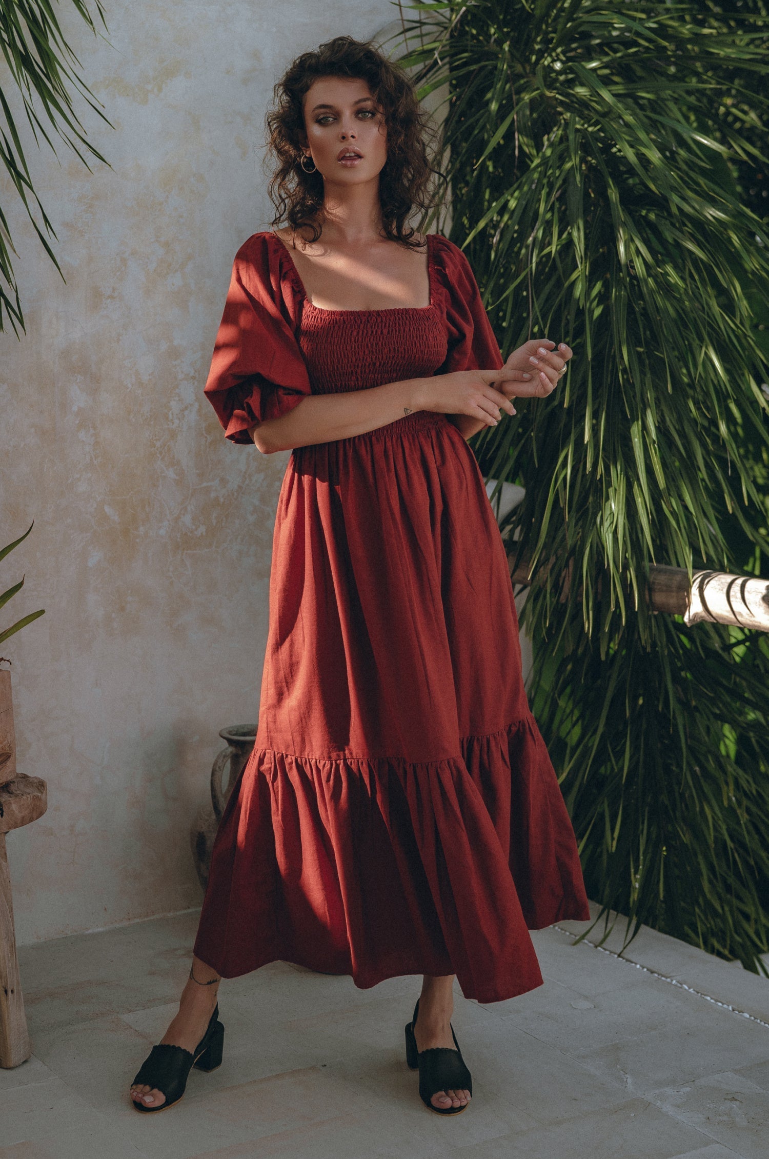 Almeria Smocked Midi Linen Dress-6