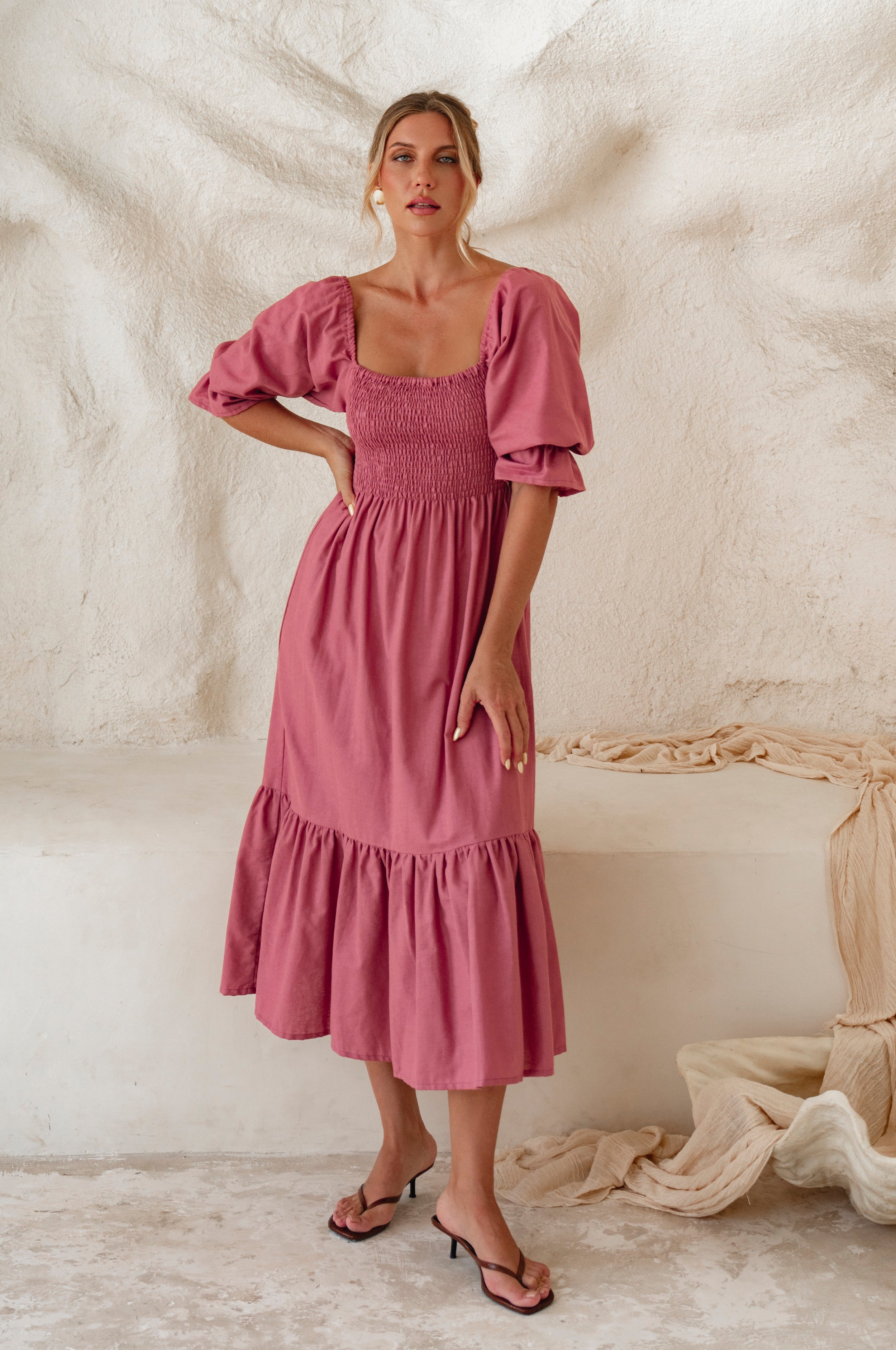 Almeria Smocked Midi Linen Dress-9
