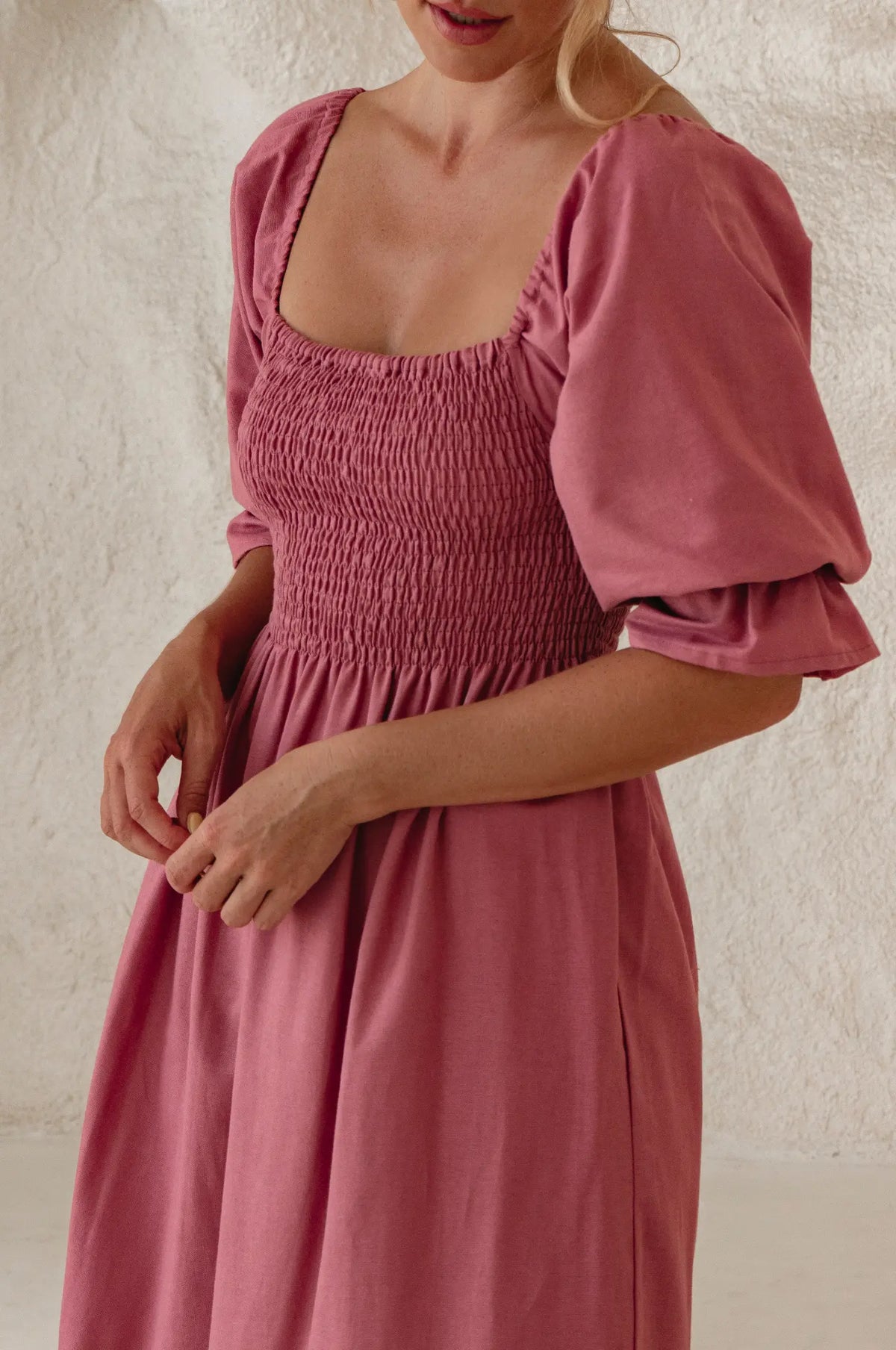 Almeria Smocked Midi Linen Dress-3