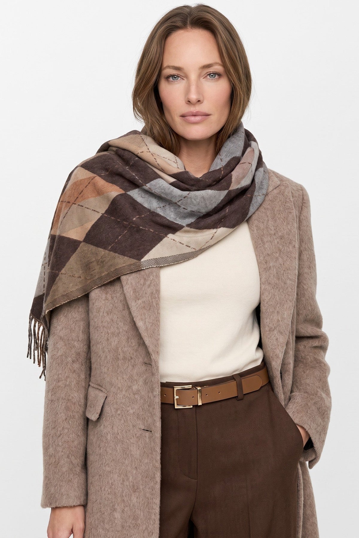 Brown Argyle Pattern Scarf-0