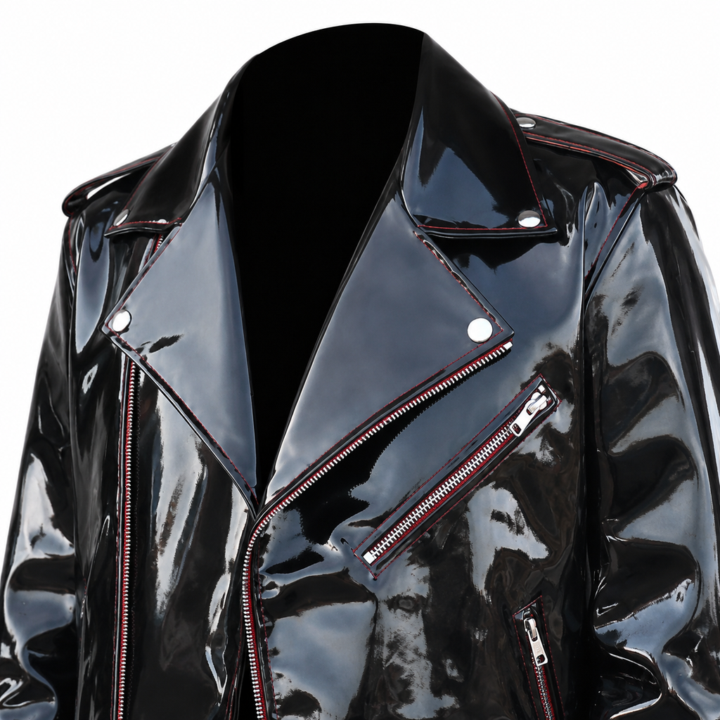 Men’s Emo Vinyl Biker Jacket with Gothic Red Stitching-2