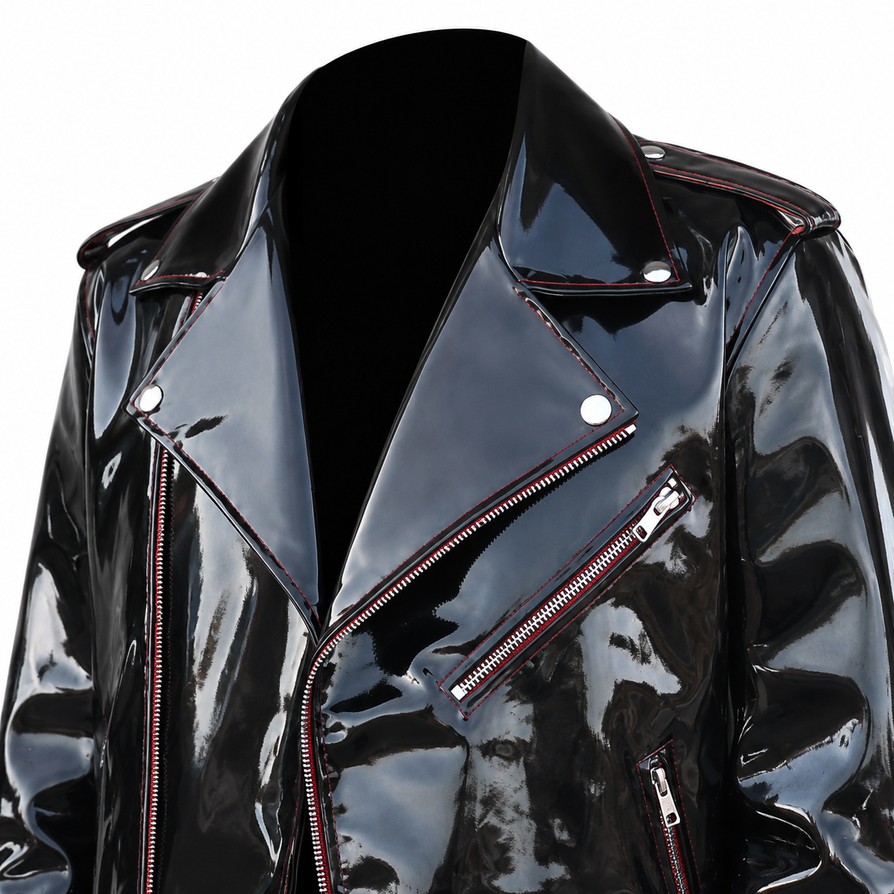 Men’s Emo Vinyl Biker Jacket with Gothic Red Stitching-2