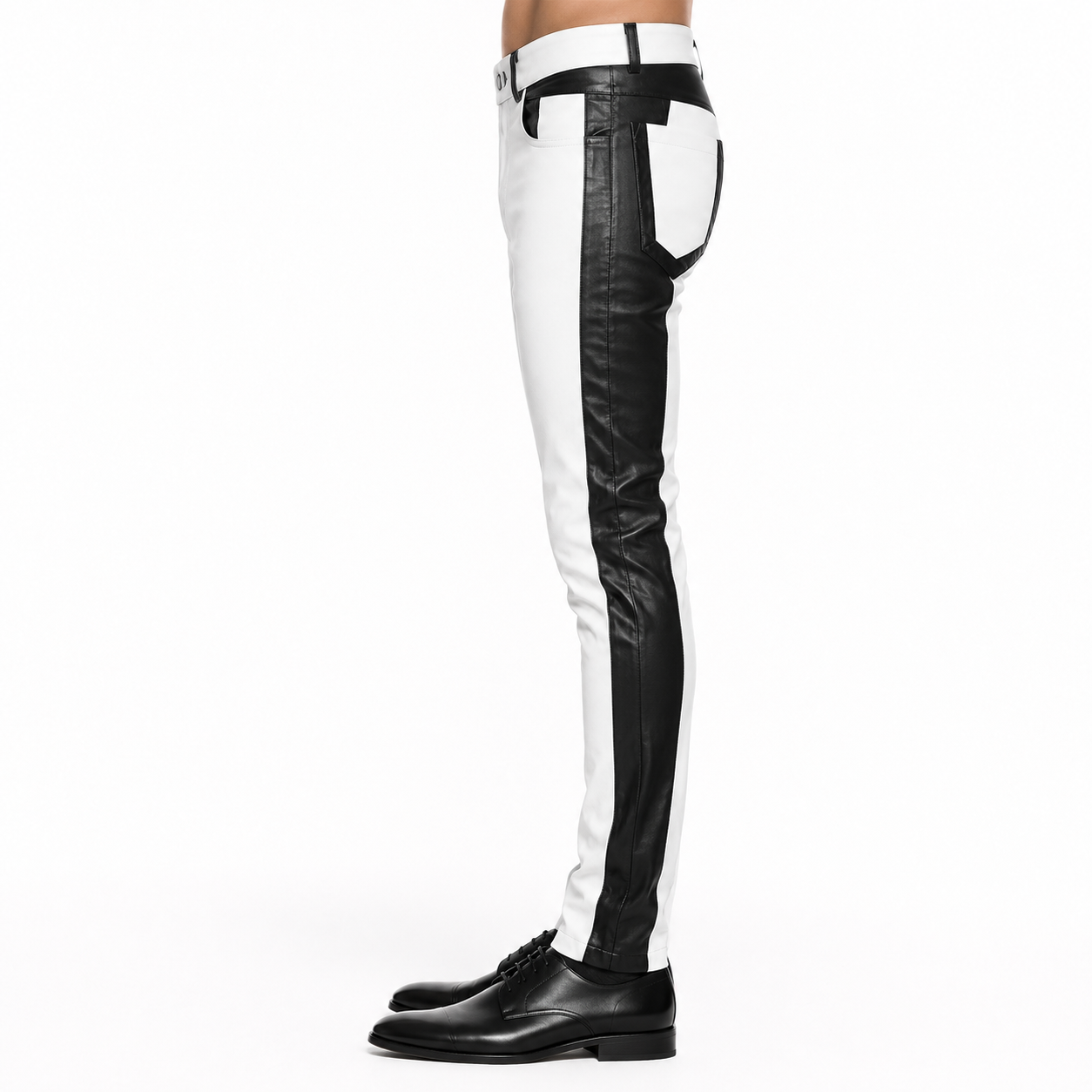 Men’s Black & White Leather Biker Pants-3