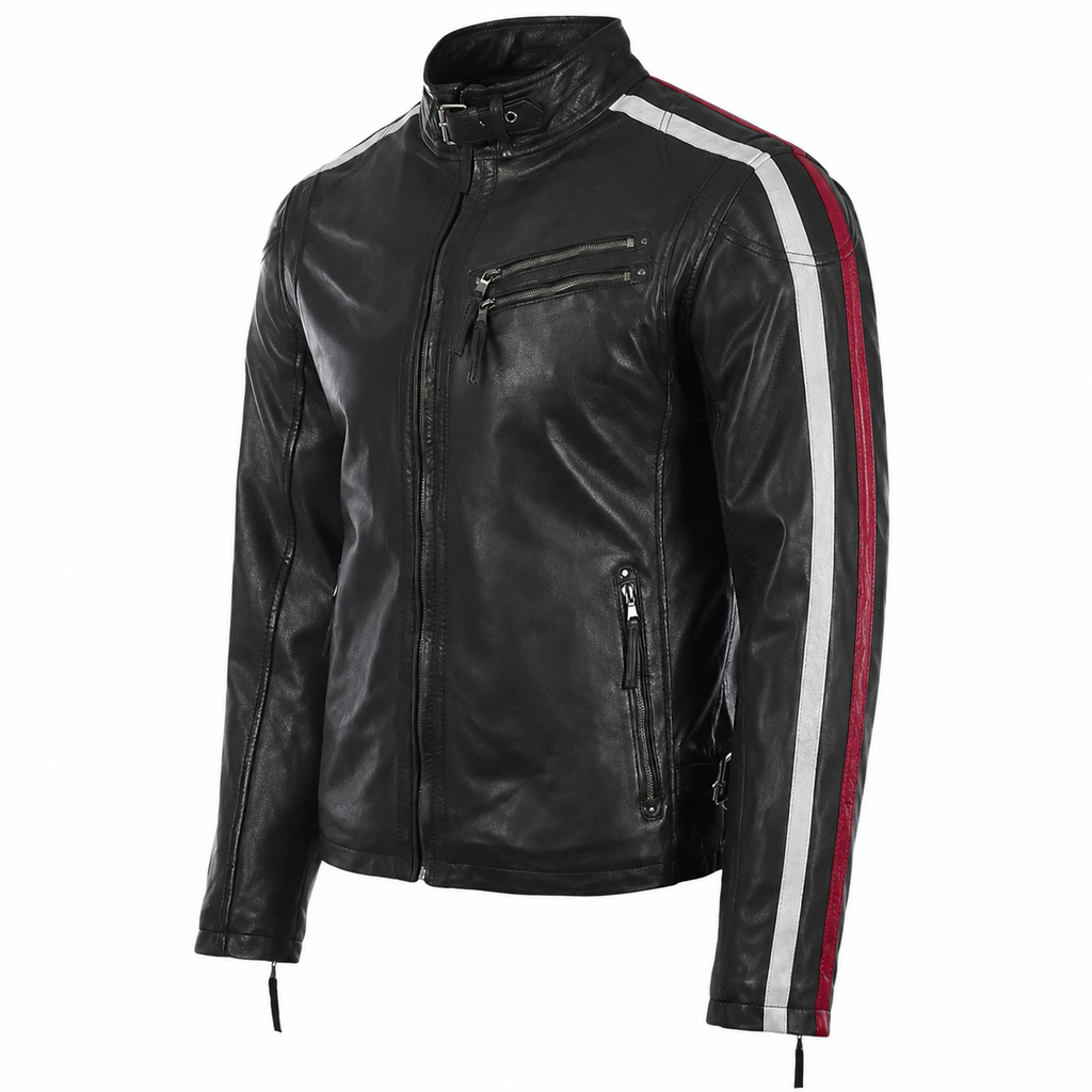 Men’s Black Leather Motorcycle Jacket with Red & White Stripes-1