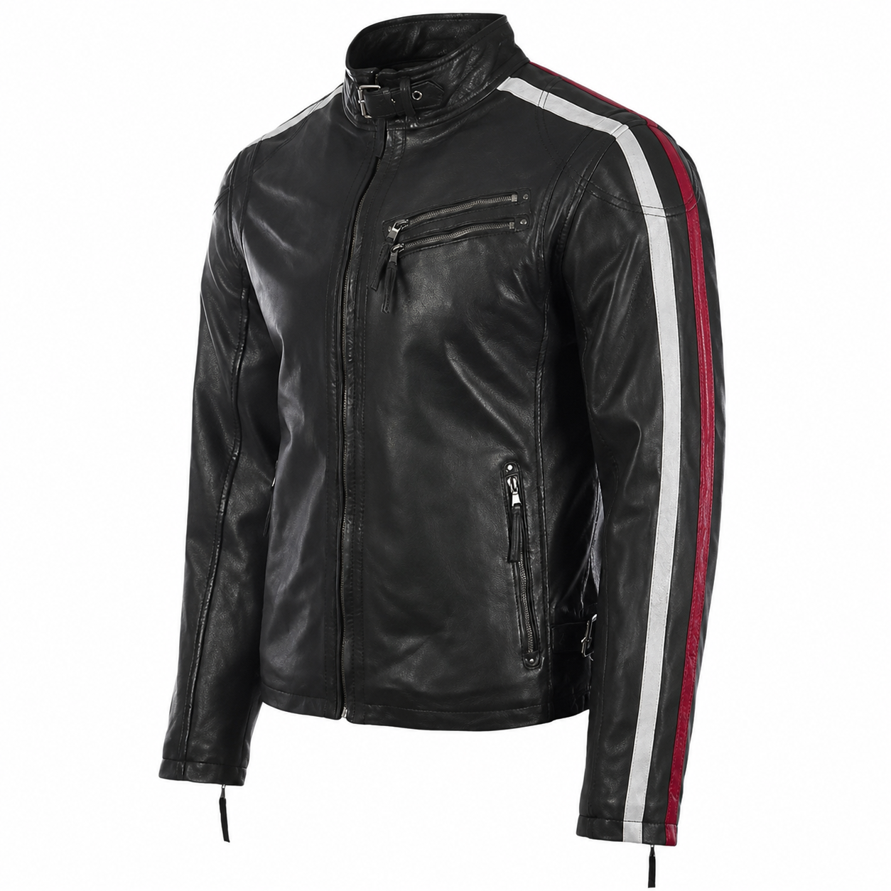 Men’s Black Leather Motorcycle Jacket with Red & White Stripes-1