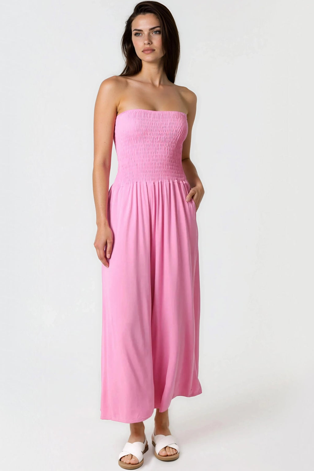 Pink Bandeau Shirred Jumpsuit-0
