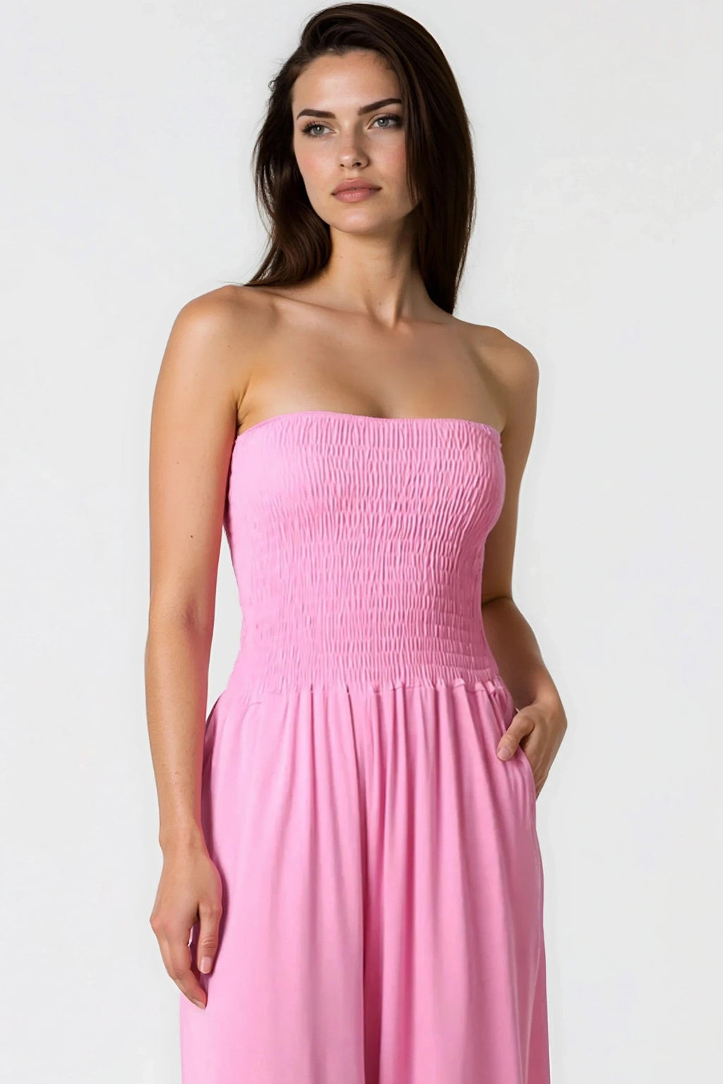 Pink Bandeau Shirred Jumpsuit-1