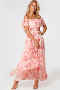 Pink Floral Bardot Tiered Maxi Dress-0