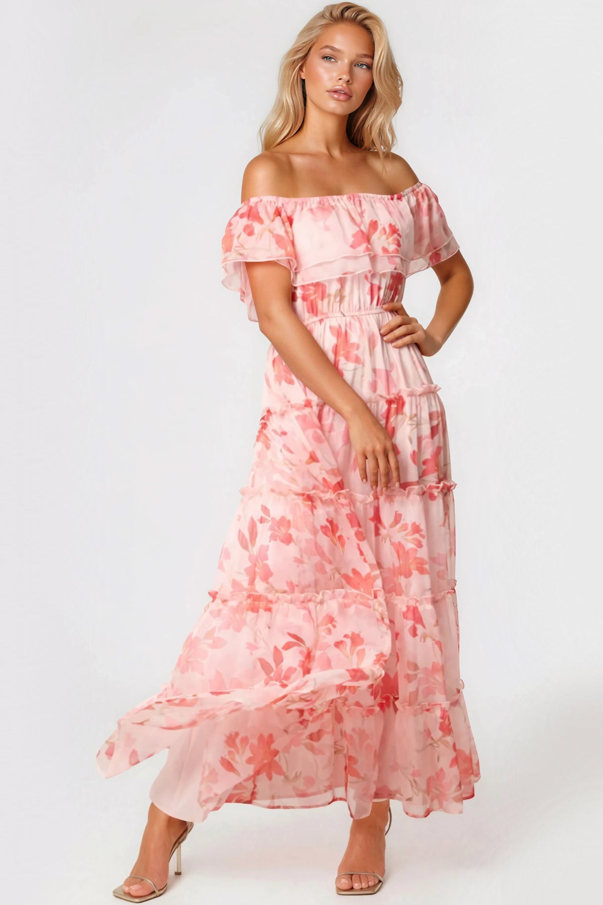 Pink Floral Bardot Tiered Maxi Dress-0