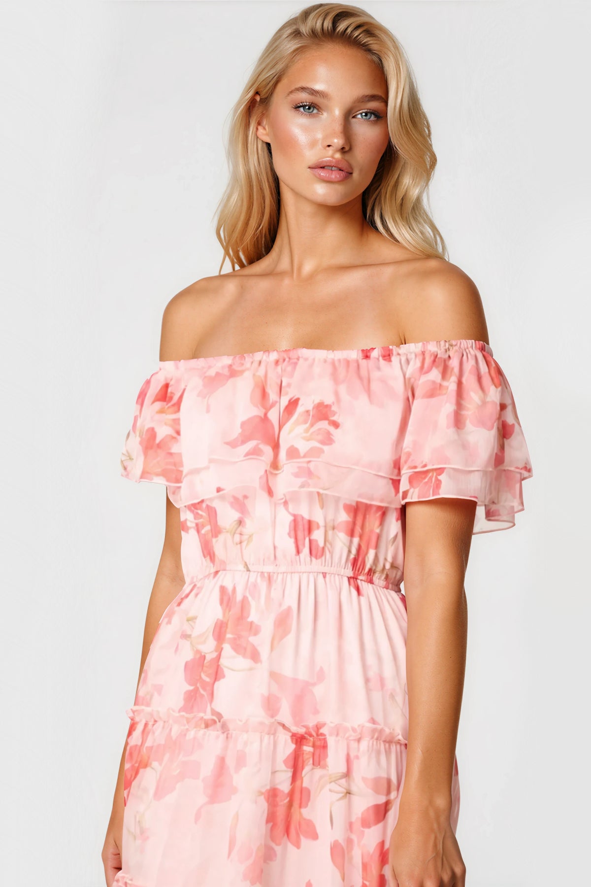 Pink Floral Bardot Tiered Maxi Dress-1