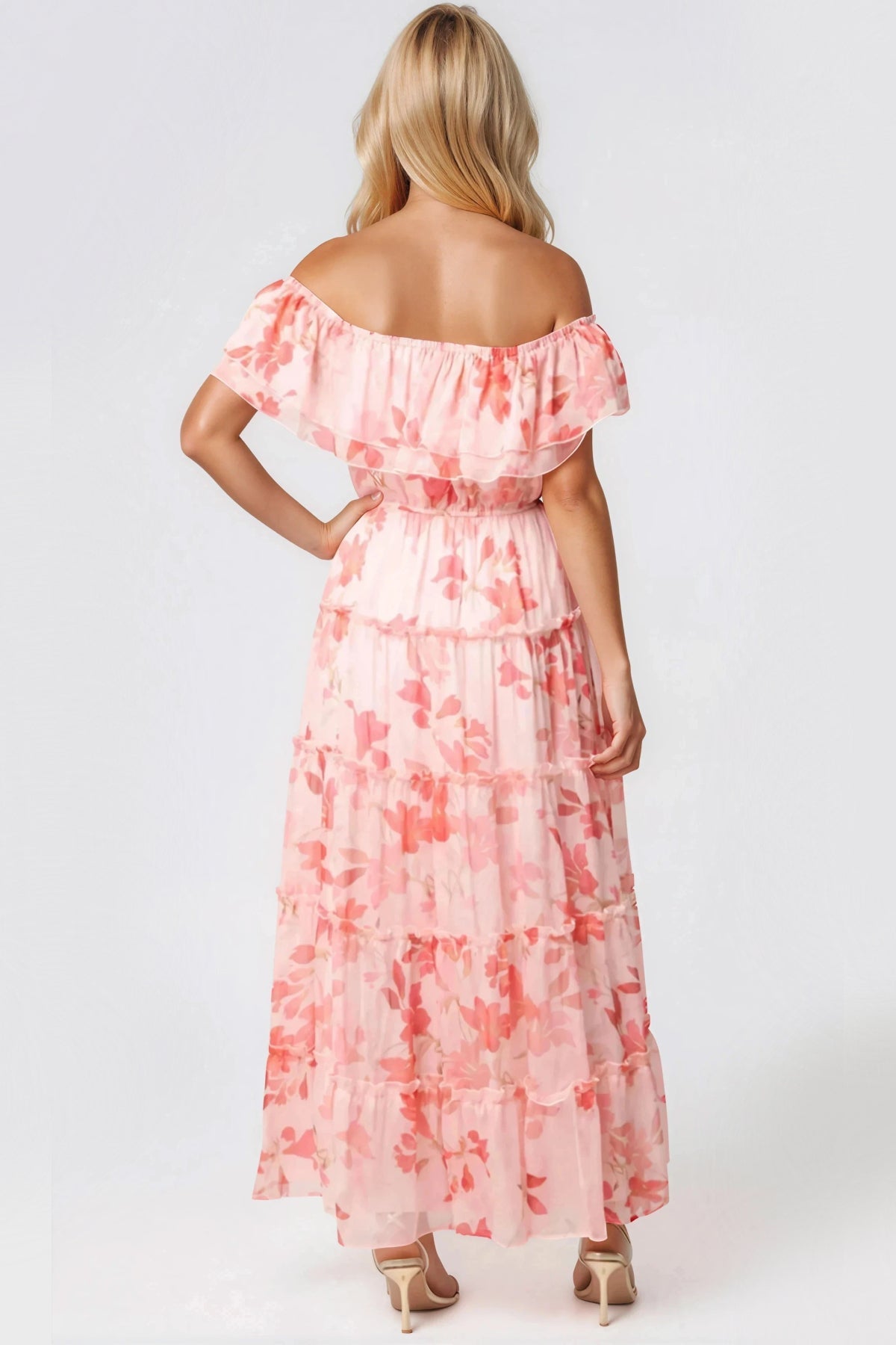 Pink Floral Bardot Tiered Maxi Dress-2