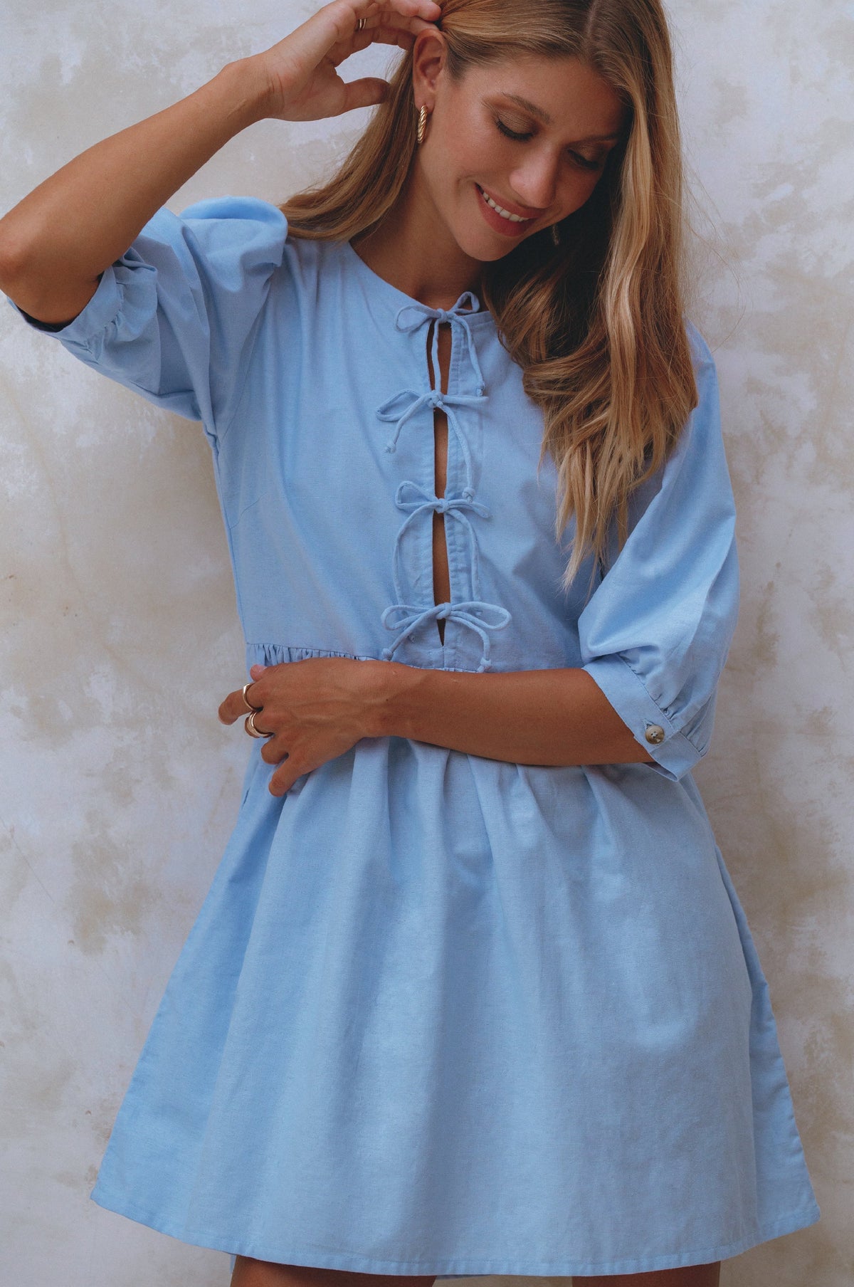 Beatrice Puff Sleeve Linen Mini Dress (Sale)-2