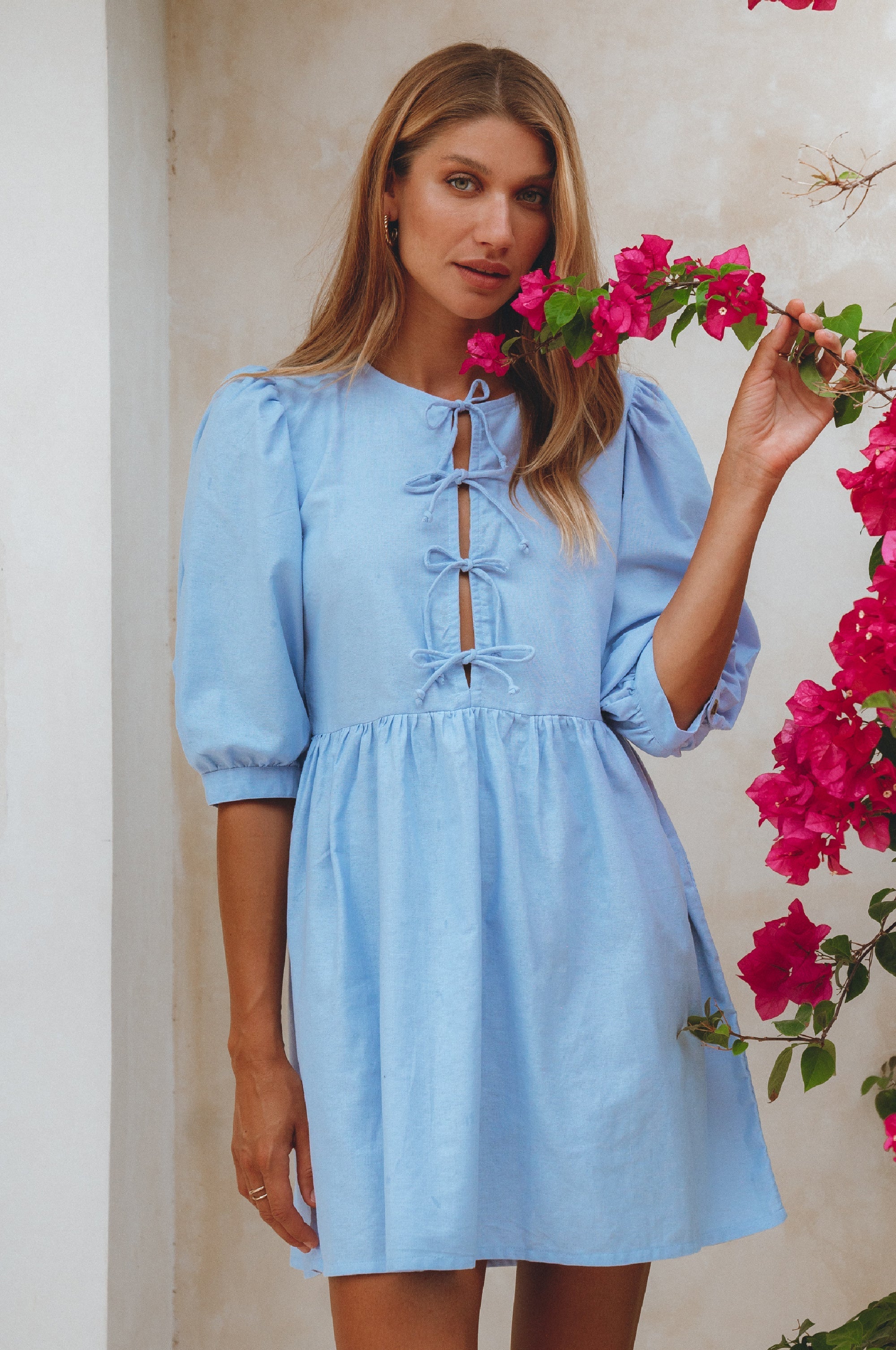 Beatrice Puff Sleeve Linen Mini Dress (Sale)-0