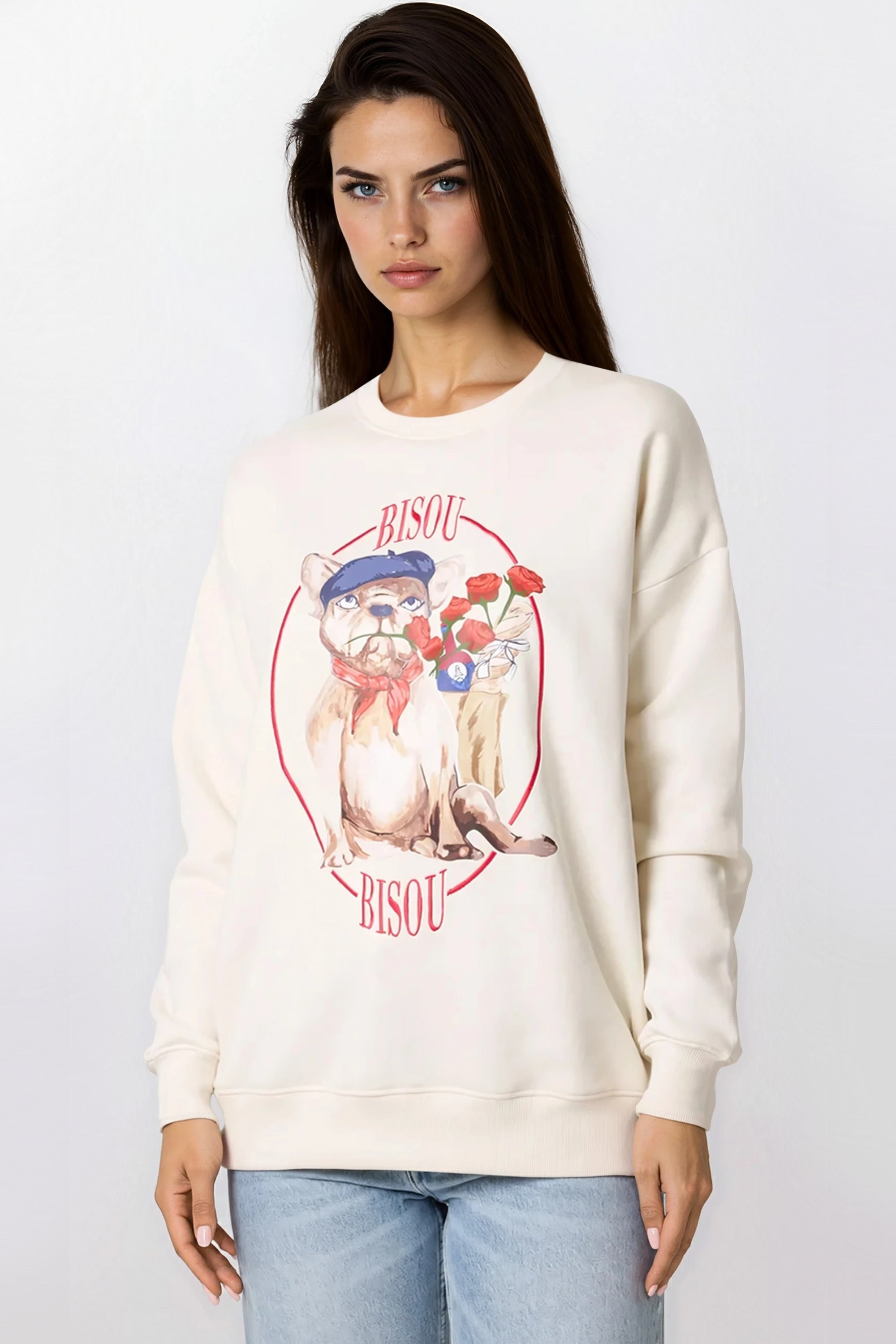 Light Beige French Bulldog Embroidered Sweatshirt-0