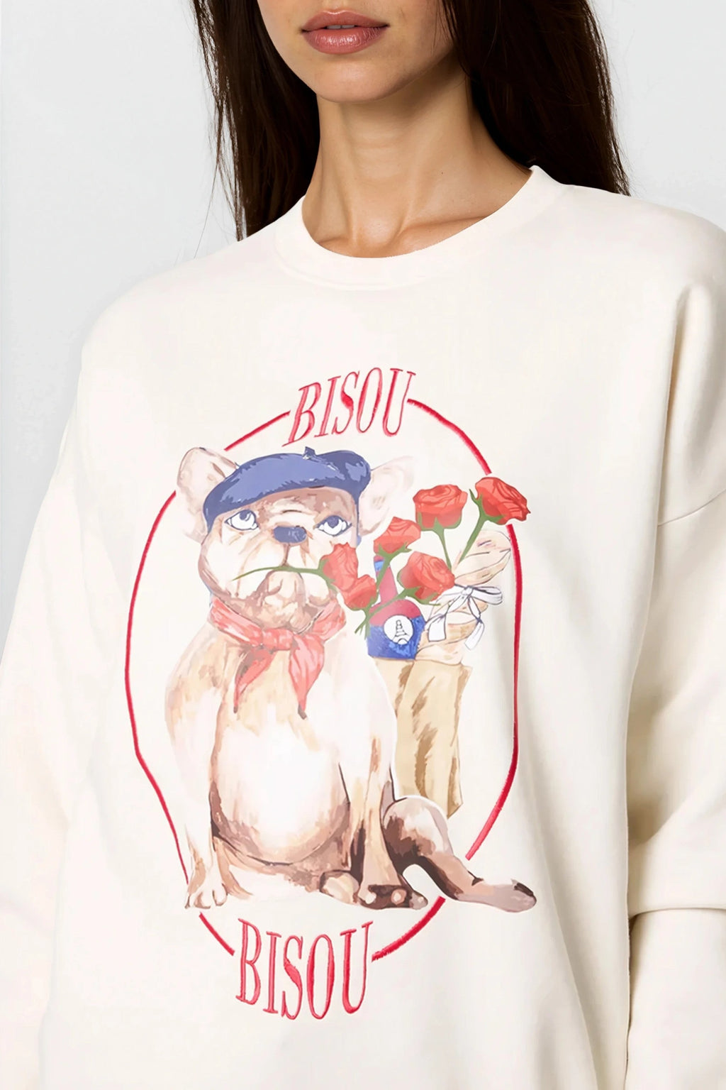 Light Beige French Bulldog Embroidered Sweatshirt-1
