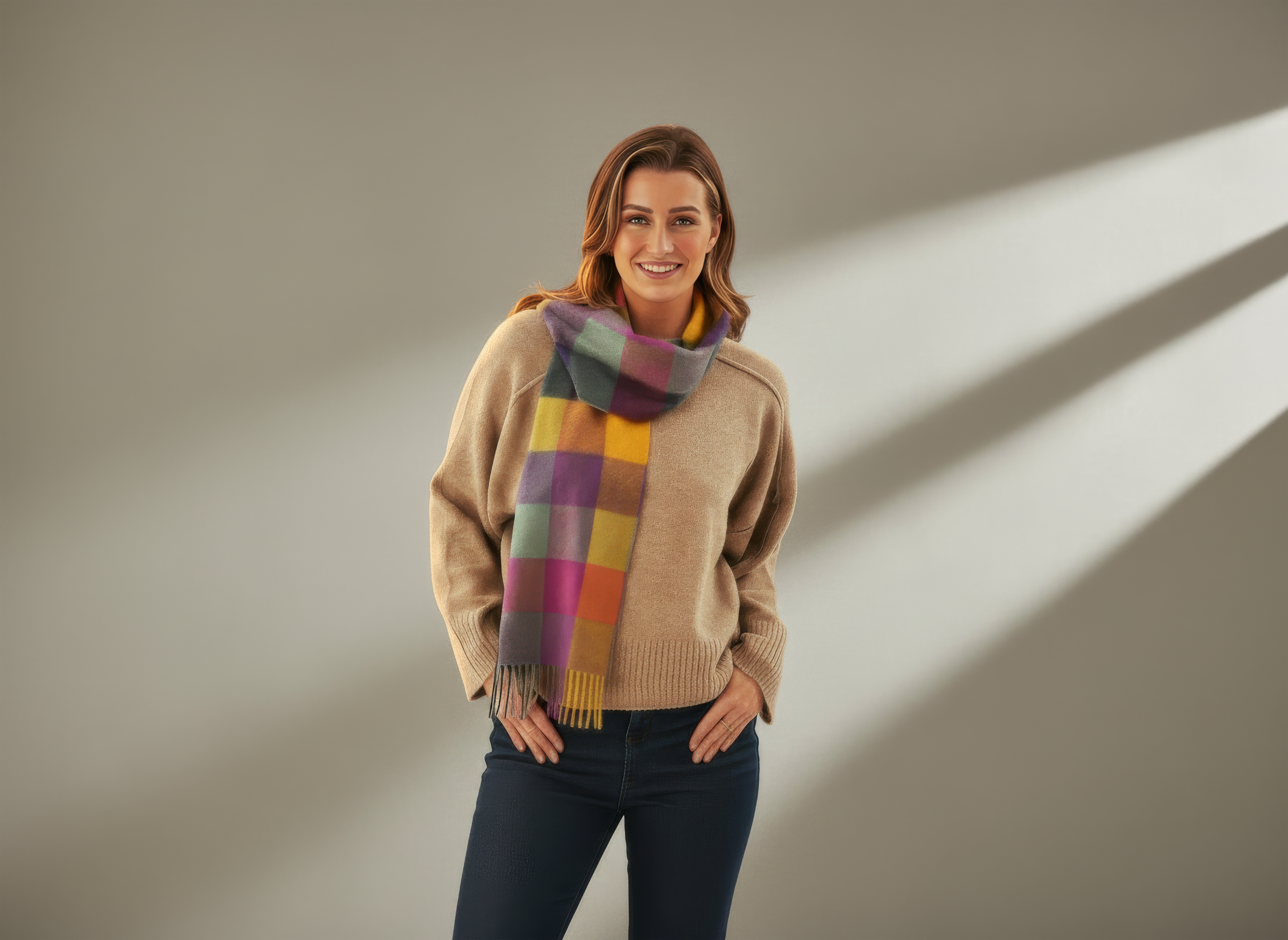 Colourful Block Check Pattern Cashmere Scarf-2