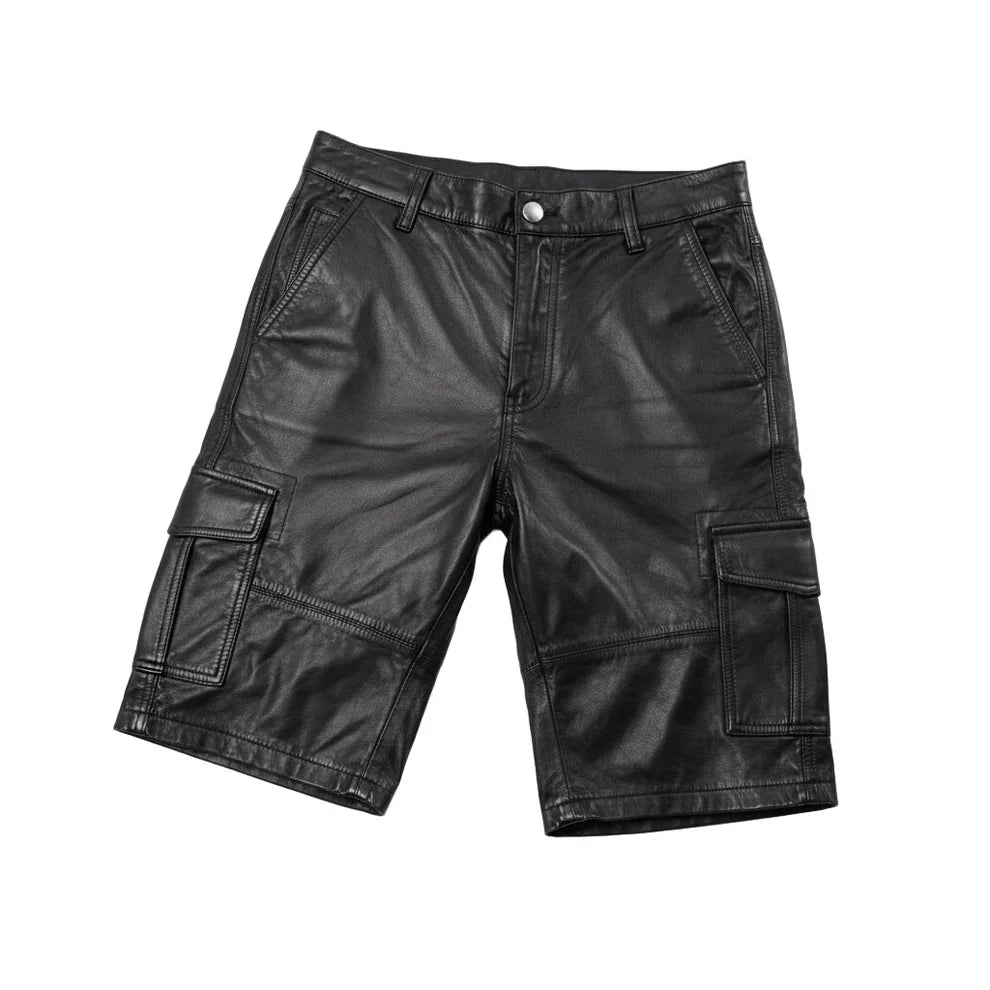 Men’s Black Leather Cargo Biker Shorts-0