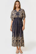 Navy Shirred Kimono Maxi Dress-0