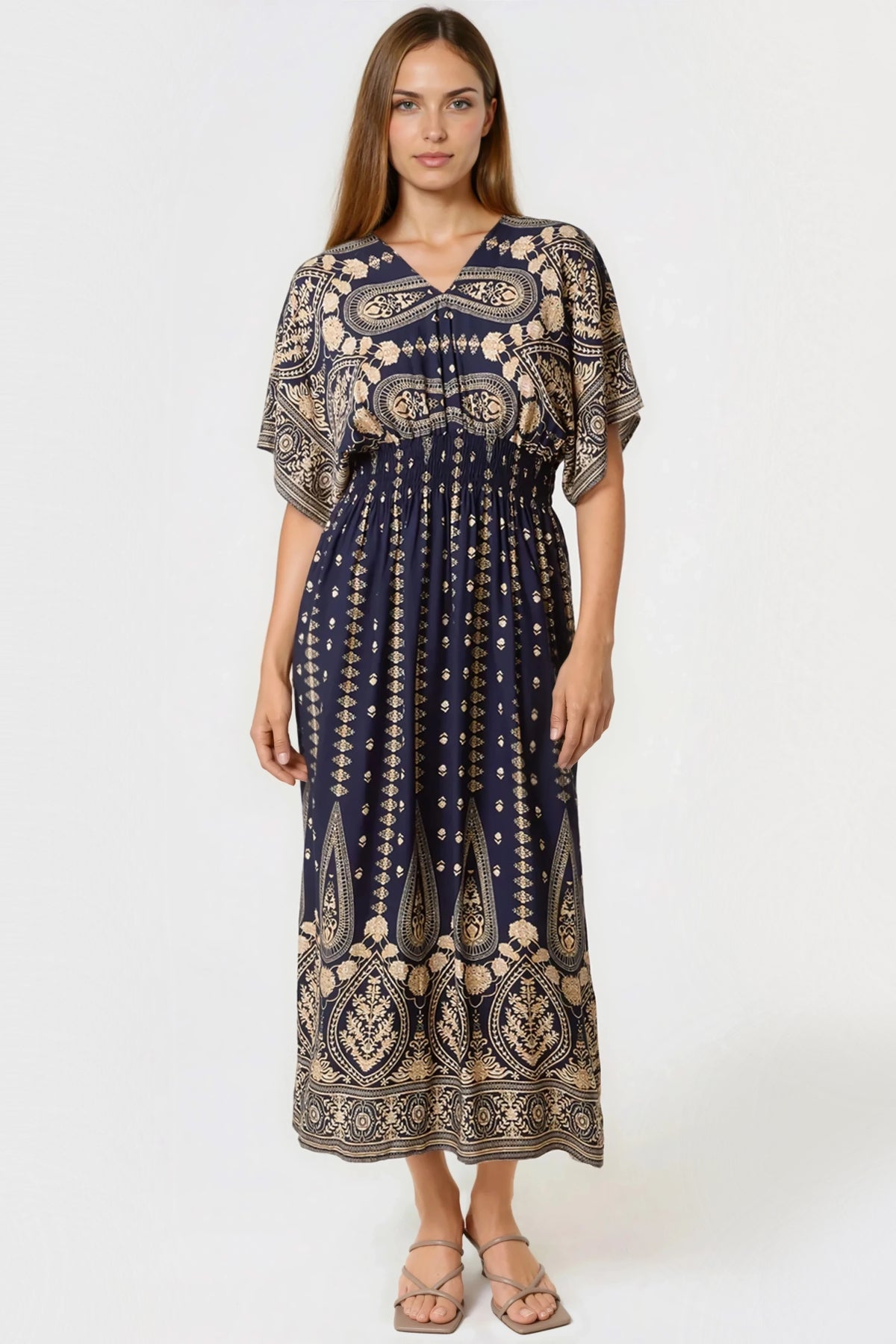 Navy Shirred Kimono Maxi Dress-0