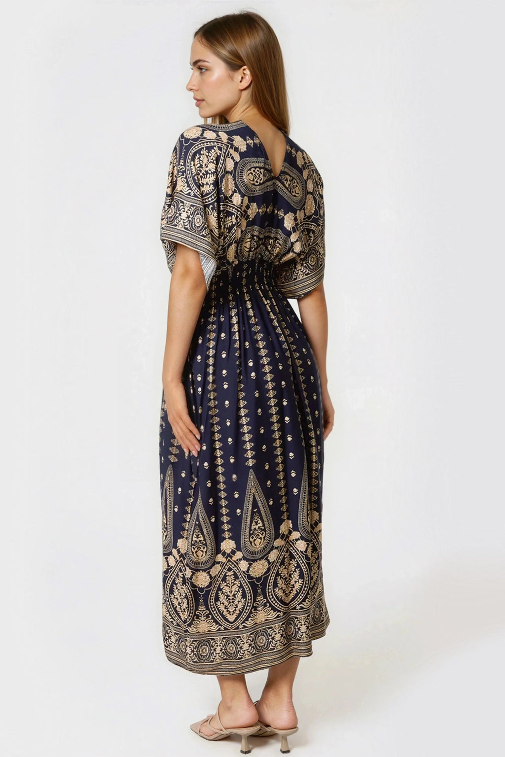 Navy Shirred Kimono Maxi Dress-2