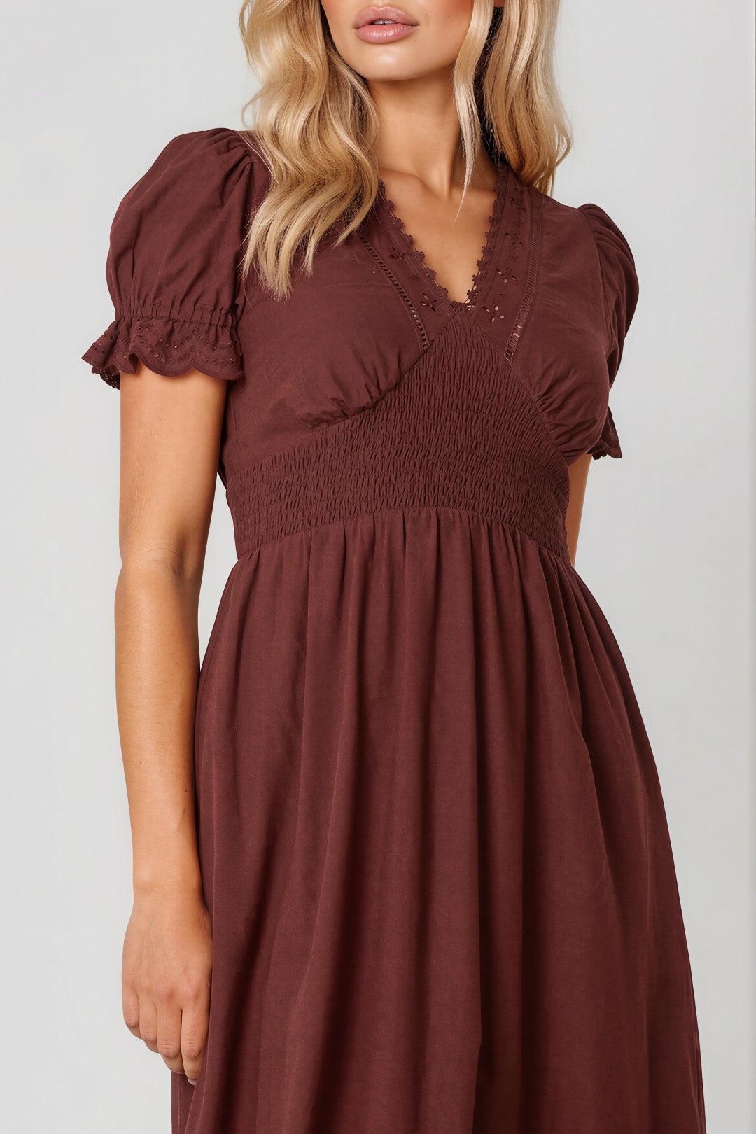Brown Broderie Anglaise V-Neck Cotton Midi Dress-1