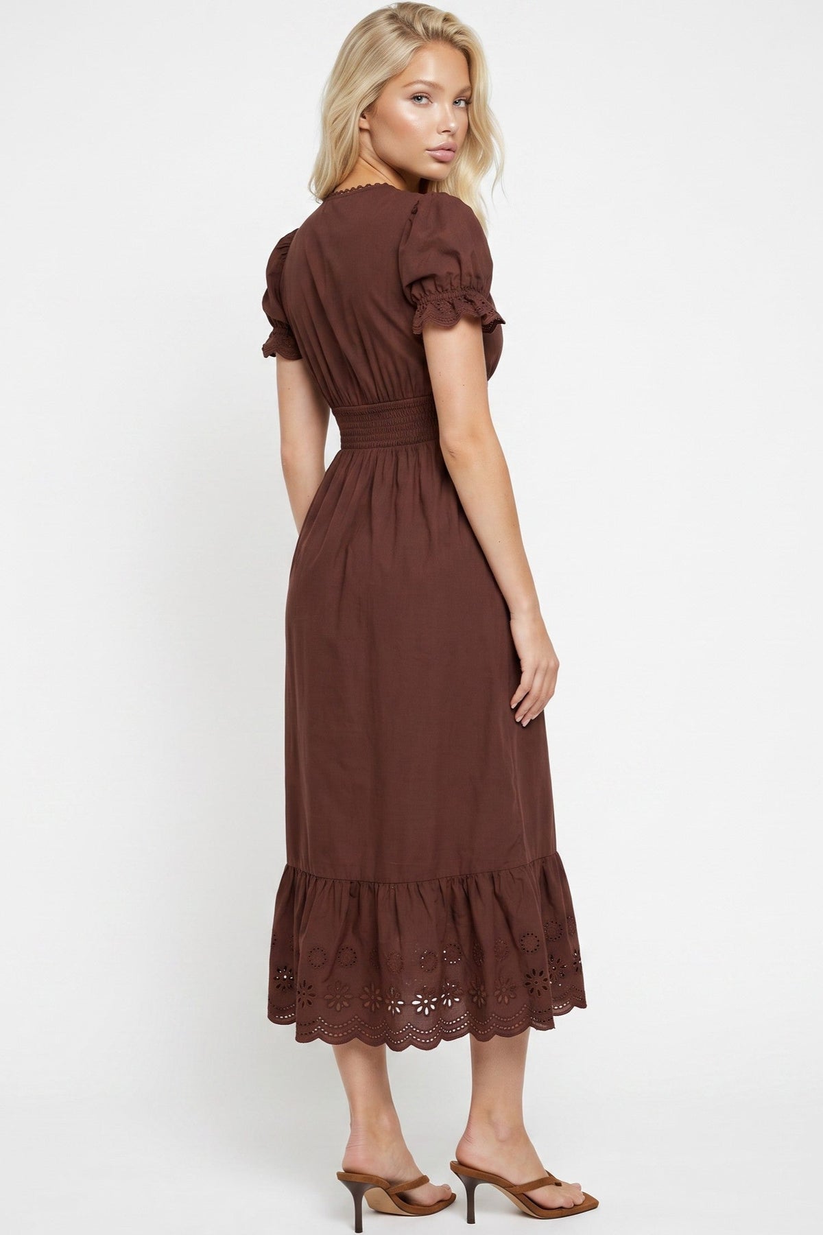 Brown Broderie Anglaise V-Neck Cotton Midi Dress-2