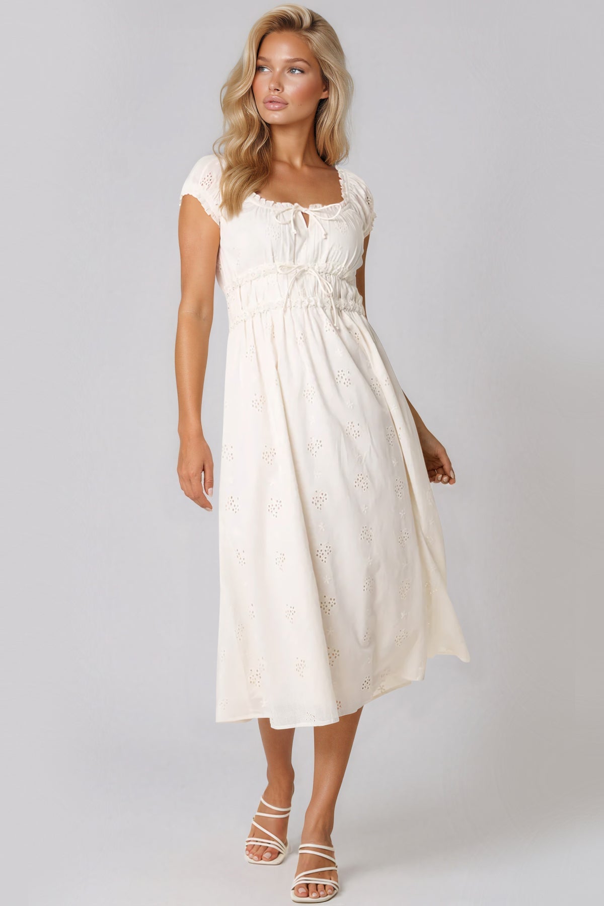 Ivory Broderie Cotton Midi Dress-0
