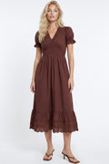 Brown Broderie Anglaise V-Neck Cotton Midi Dress-0