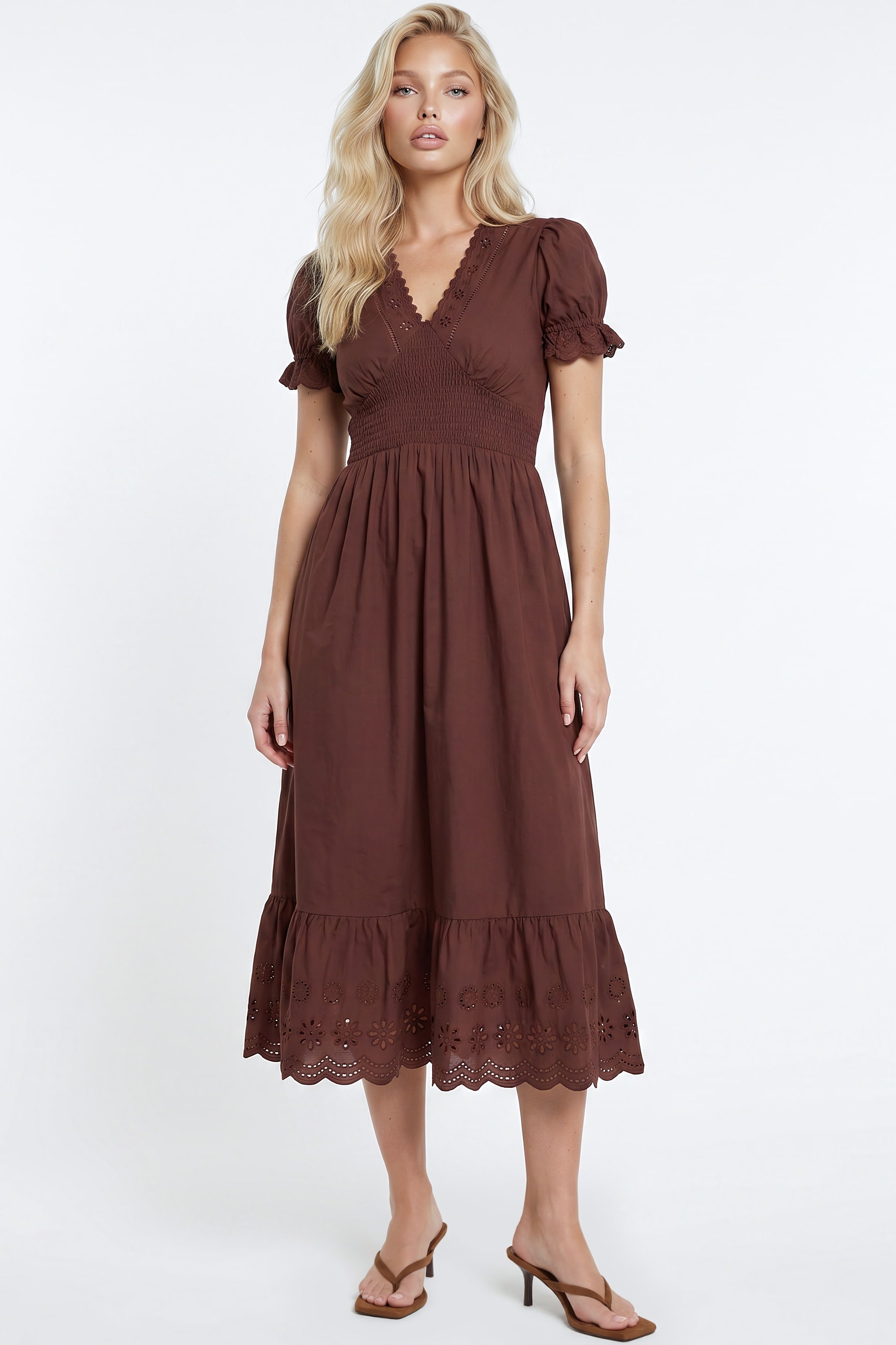 Brown Broderie Anglaise V-Neck Cotton Midi Dress-0