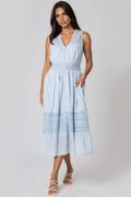 Blue Button Through Crochet Cotton Midi Dress-0