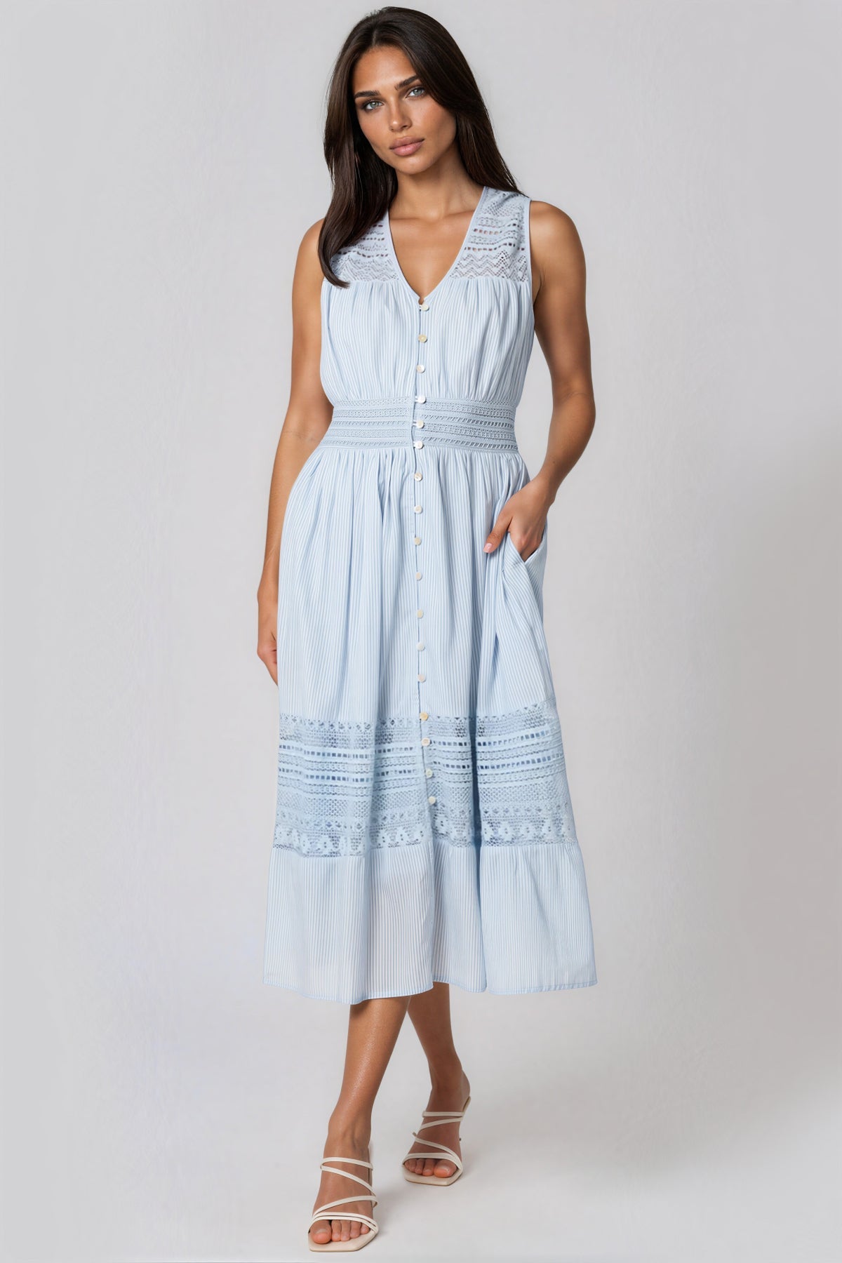 Blue Button Through Crochet Cotton Midi Dress-0