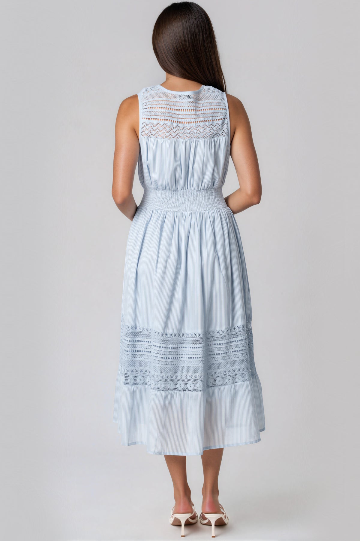 Blue Button Through Crochet Cotton Midi Dress-2